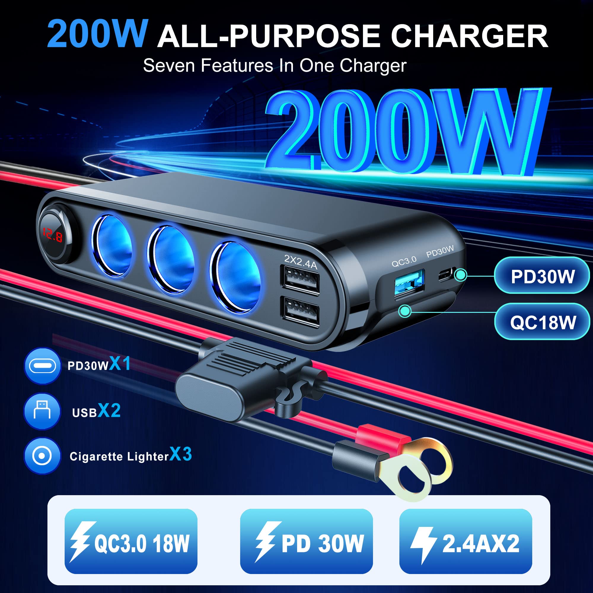 Eugizmo 12V Cigarette Lighter Socket Splitter, 200W, 3 Ports, USB Charger, Black, Model EP68AD