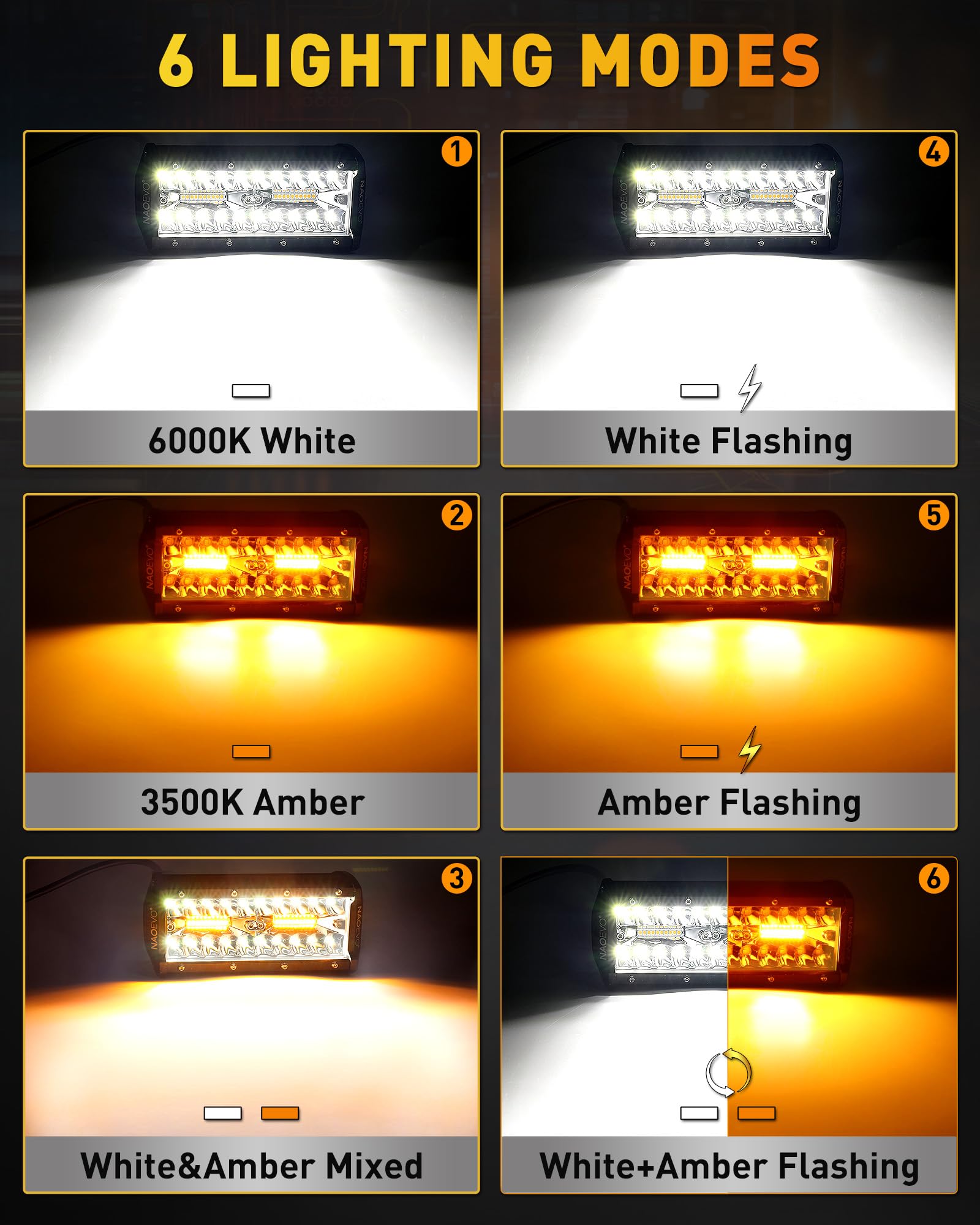 NAOEVO 7 Inch LED Light Bar - White Amber Offroad Fog/Driving Lights, Aluminum, 6 Modes, Includes Wiring Harness, 2-Pack