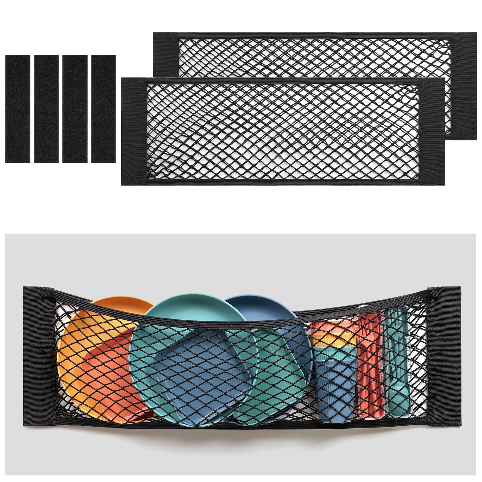 TOBWOLF 2PCS 25x80cm / 9.8x31.5in Mesh Storage Pocket Bag with Tape Sticker, Hook & Loop Elastic Cargo Net RV Netting Pocket, Hi