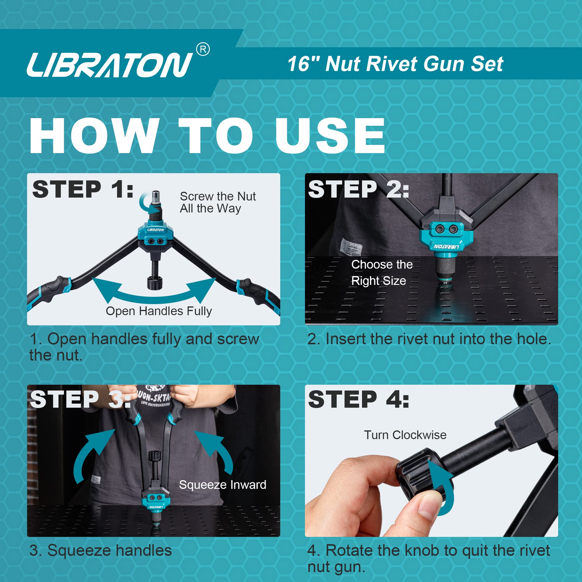 Libraton 16'' Rivet Nut Tool, Rivet Nut Gun, Hand Rivet Nut Setter With 110Pcs Rivet Nuts, 11Pcs Metric & Sae Interchangeable Ma