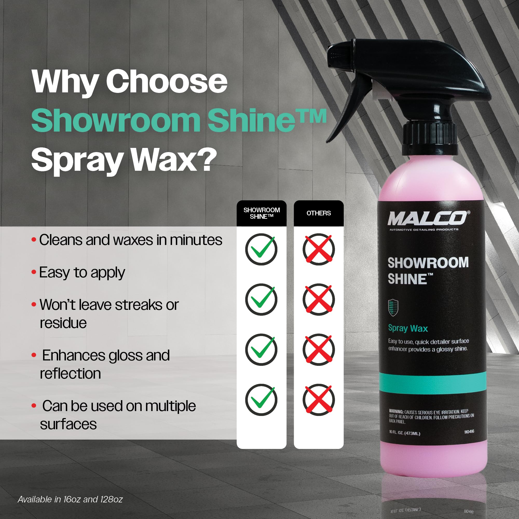 Malco Showroom Shine Spray Car Wax - Easy to Use Instant Detailer, 16oz, Model 110416, Cleans and Waxes Metal, Glass, and Painted Surfaces