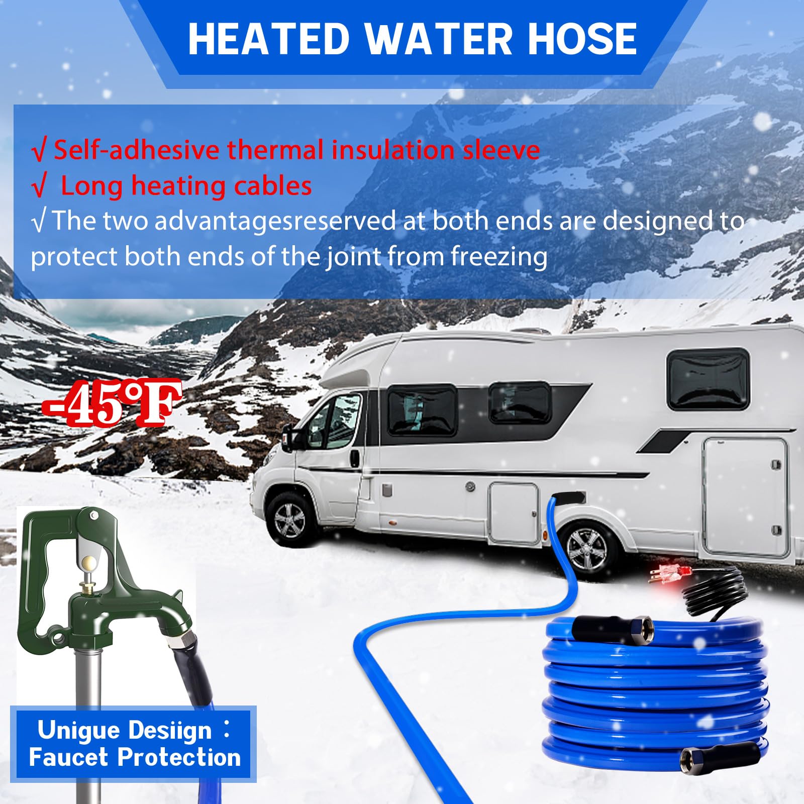 REHOSEUP Heated Water Hose - 30FT, -45℉ Antifreeze for RV & Garden Use, Durable Drinking Hose
