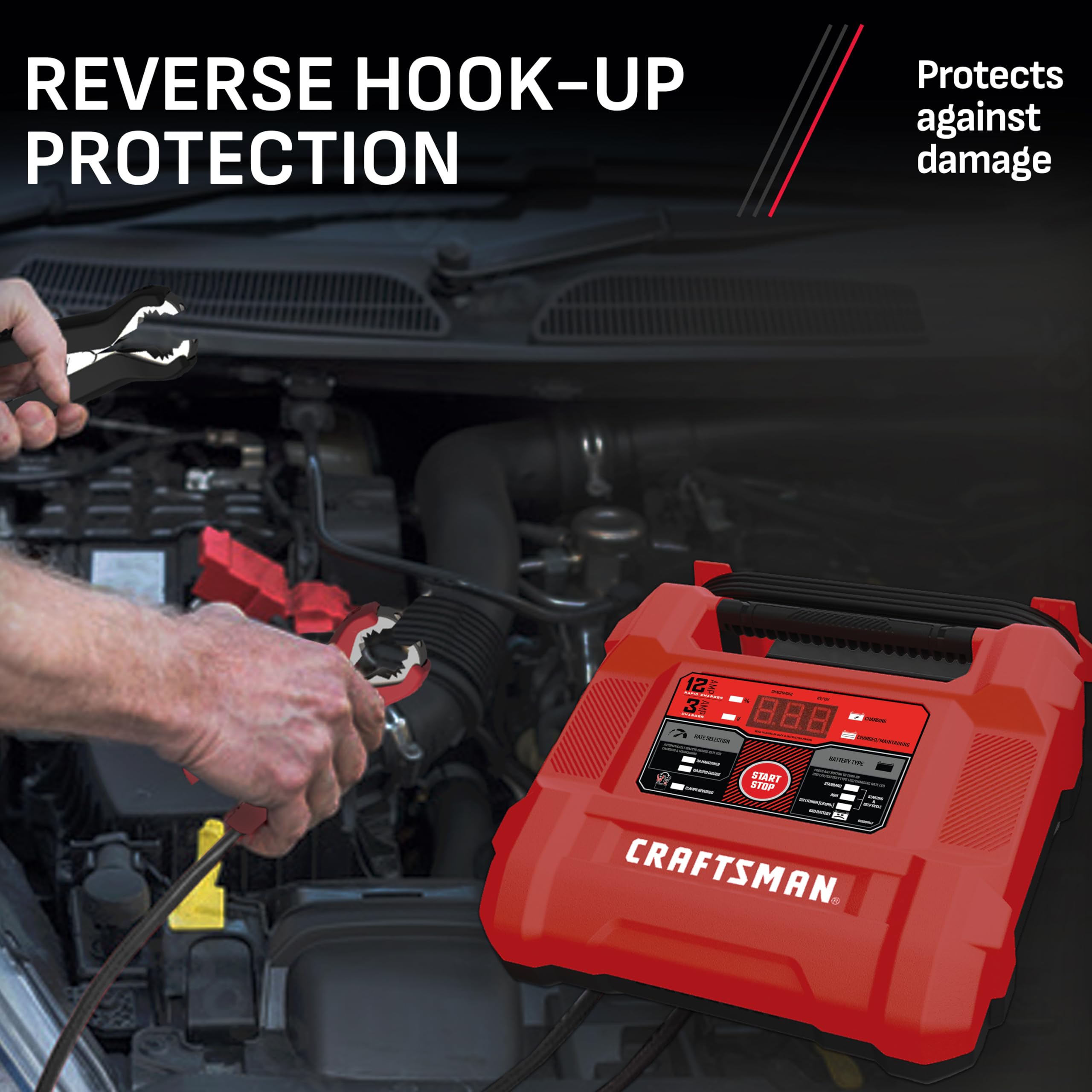 CRAFTSMAN 12A Car Battery Charger & Maintainer, 4-in-1 Solution for 6V/12V Batteries, Model CMXCESM258, Red