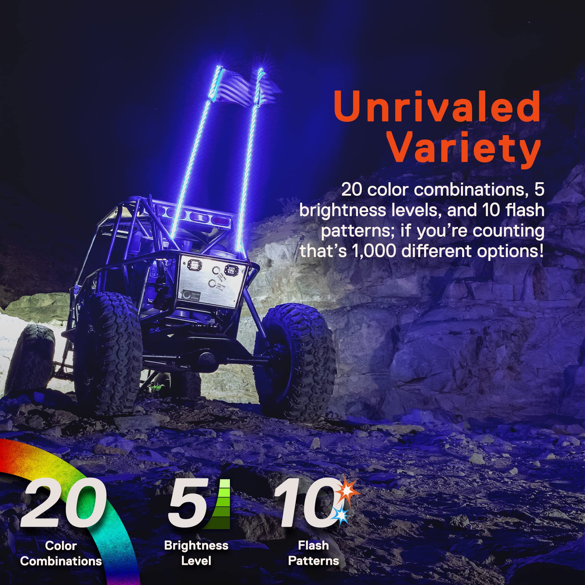 True Mods 4Ft Spiral Rgb Led Whip Light For Utv Atv [Rf Wireless Remote] Usa Flag Waterproof Led Lighted Whip Cb Antenna Pole St