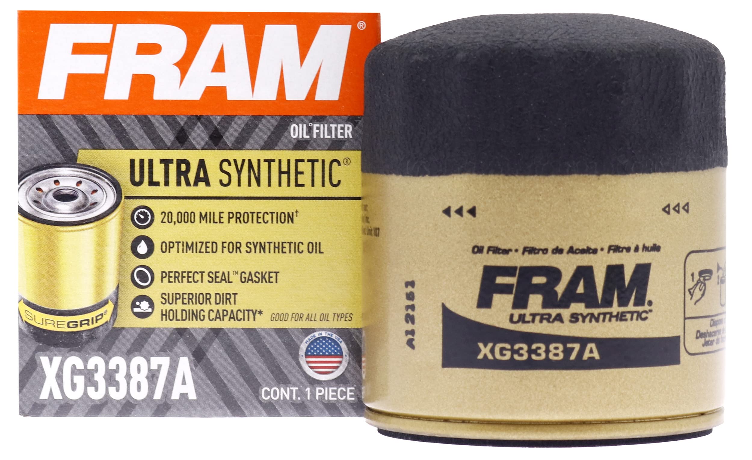 FRAM Ultra Synthetic Automotive Replacement Oil Filter, Designed for Synthetic Oil Changes Lasting up to 20k Miles, XG3387A with
