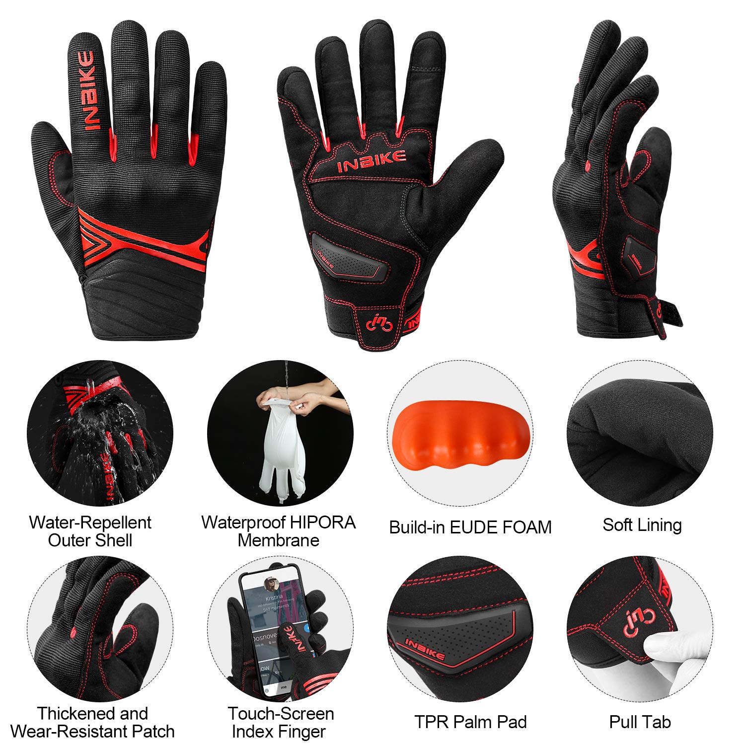 Inbike Waterproof Winter Motorcycle Gloves Thermal Fleece Touchscreen With Tpr Palm Pad Cushioning Hard Knuckle Red Large