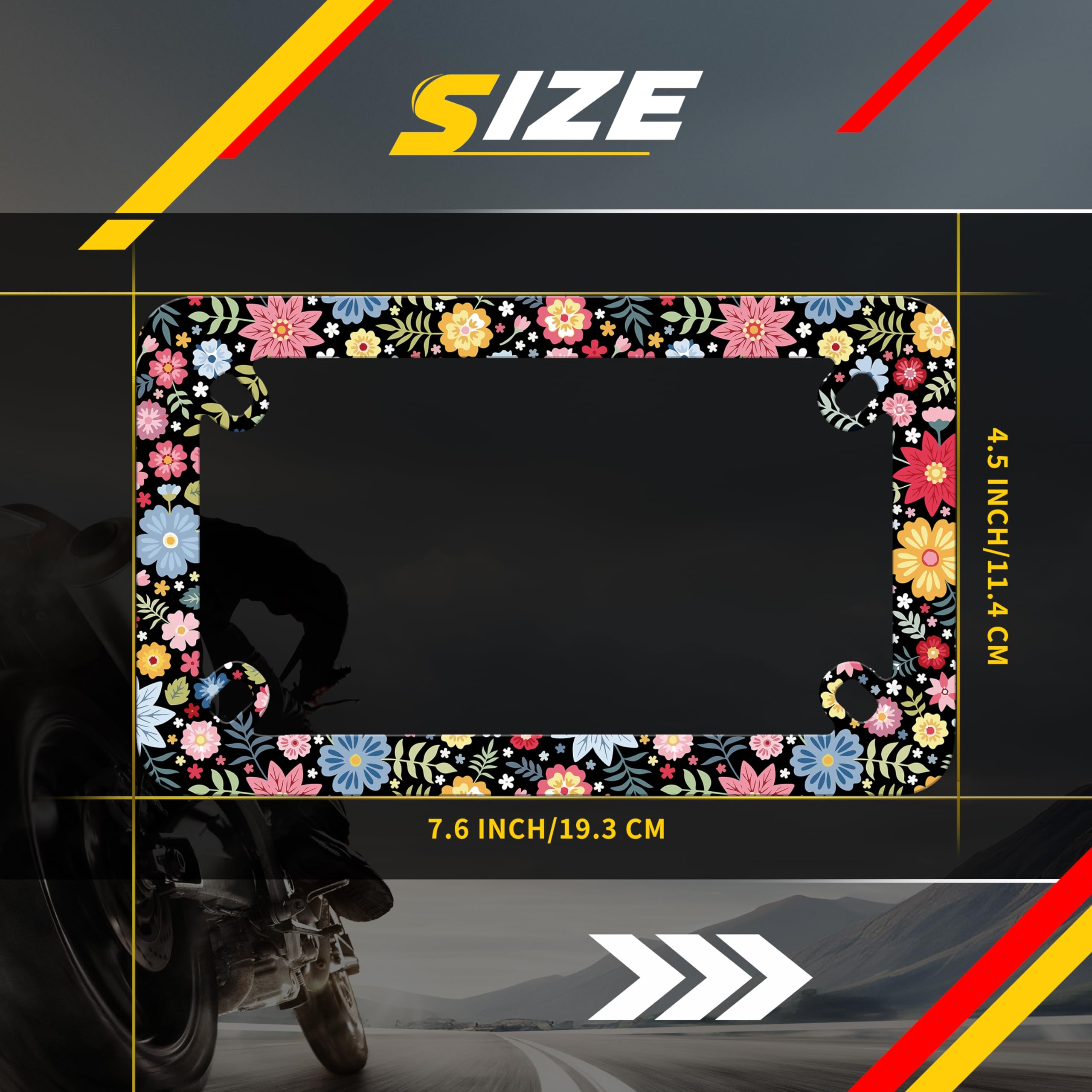 Motorcycle Folk Art Flowers License Plate Frame Colorful Floral Stainless Steel Material Funny Motorbike License Plate Holder Mo