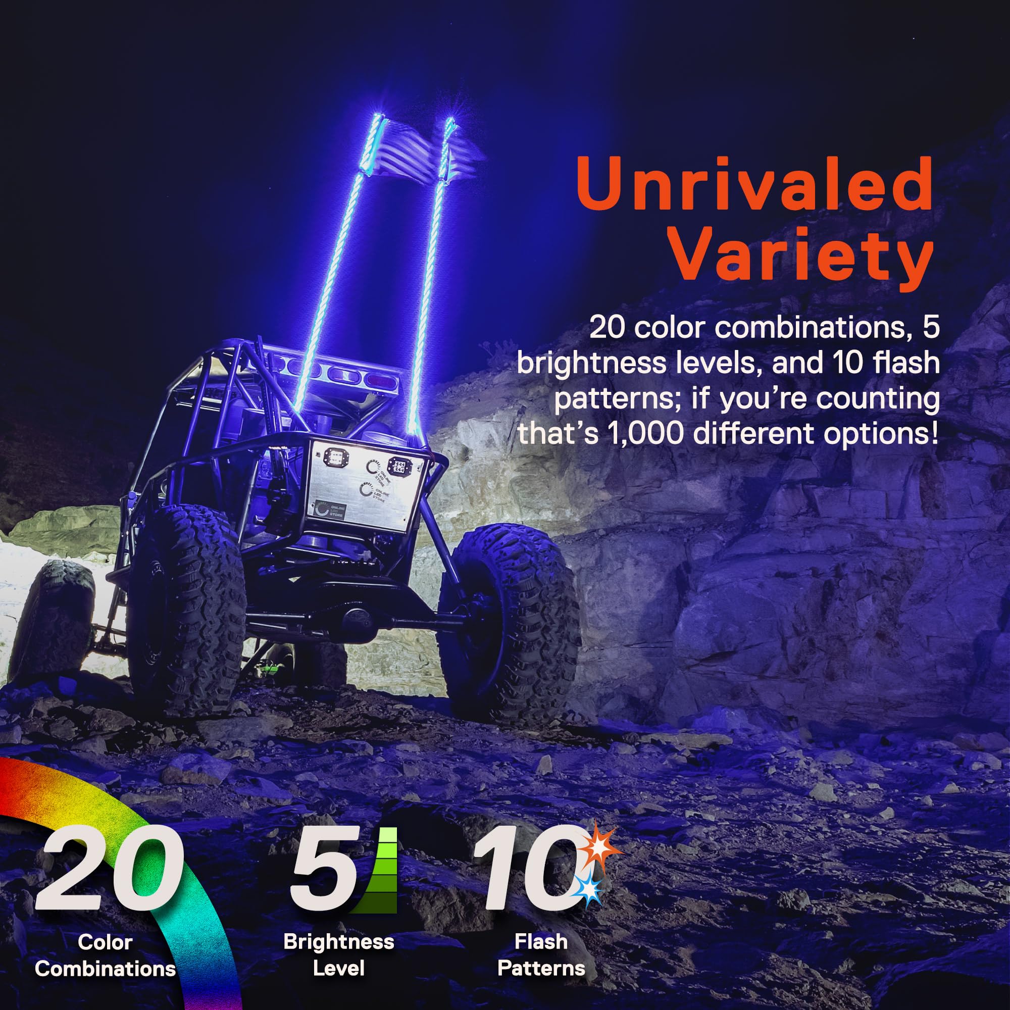 True Mods 2pc 2ft Spiral RGB LED Whip Light for UTV ATV [RF Wireless Remote] Flag Waterproof LED Lighted Whip Antenna Pole Stick