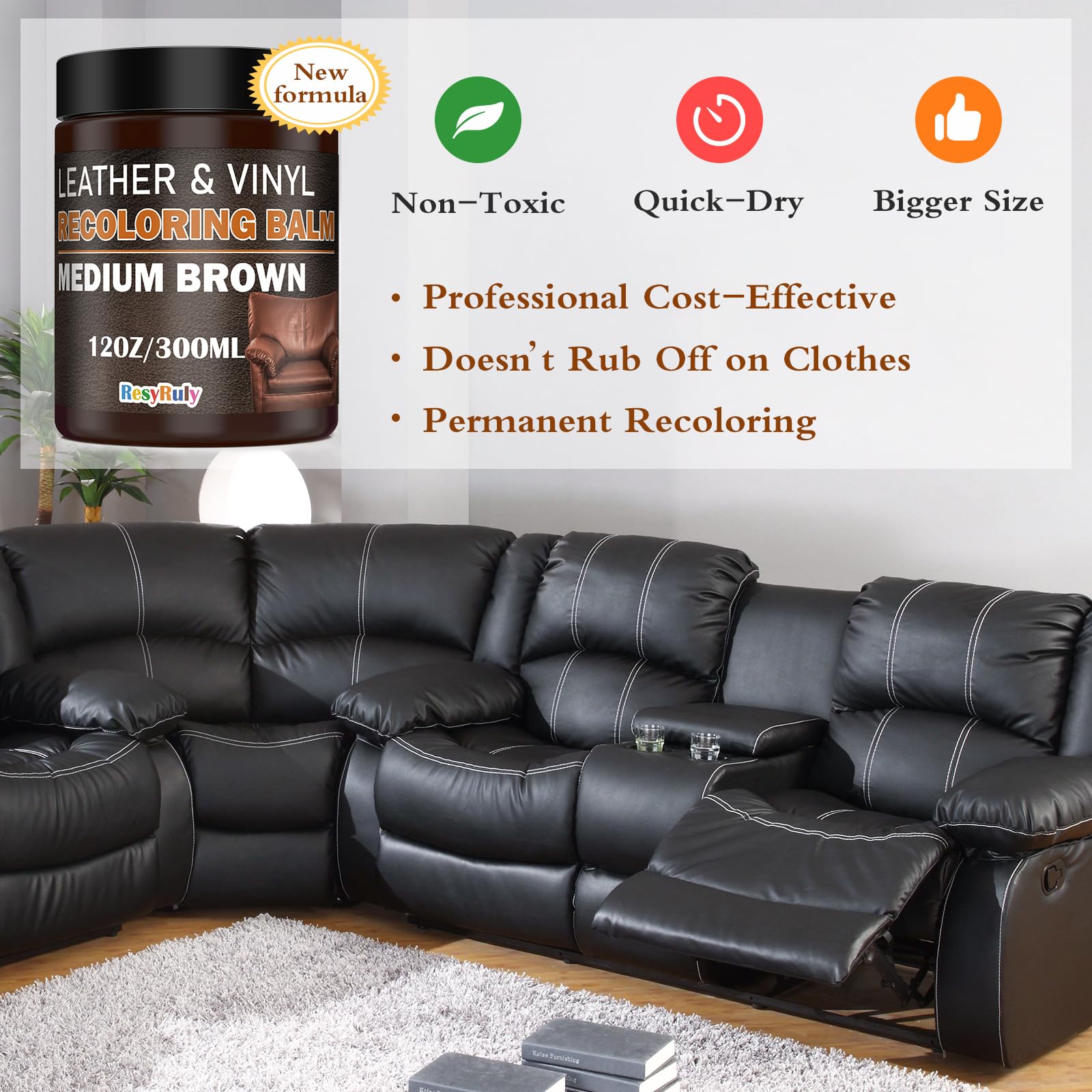 Resyruly Leather Recoloring Balm - Medium Brown Dye for Vinyl & Leather, 70% Polymer, Ideal for Seats, Furniture & Accessories