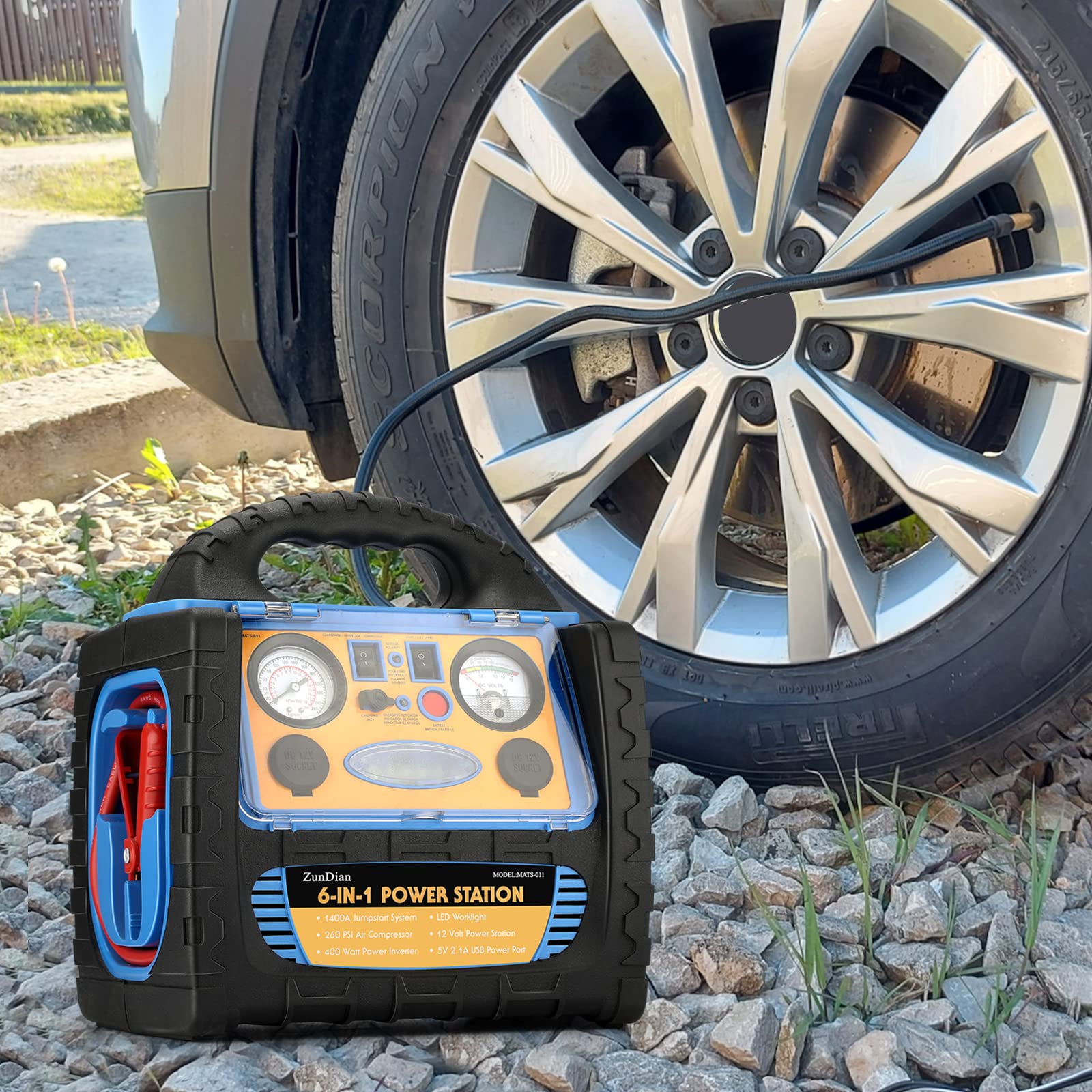 ZunDian 1600 Amp Battery Jump Starter with Air Compressor & Power Inverter, Portable 12V Auto Booster Box, Model HH-715p, Blue