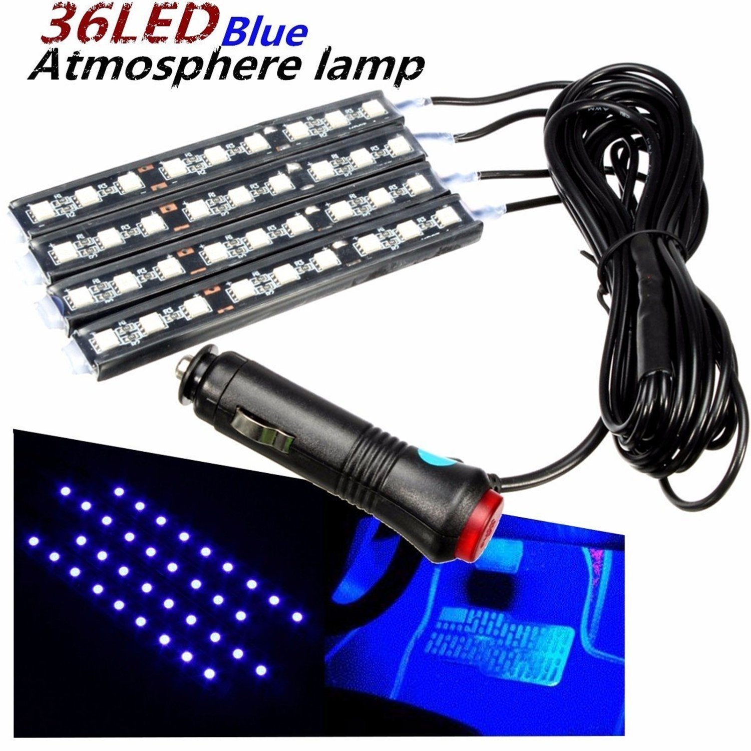 EJ's SUPER CAR LED Strip Lights - 4pcs 36 LED Waterproof Interior Lighting Kit, Blue, Model EJ-light strips, DC 12V