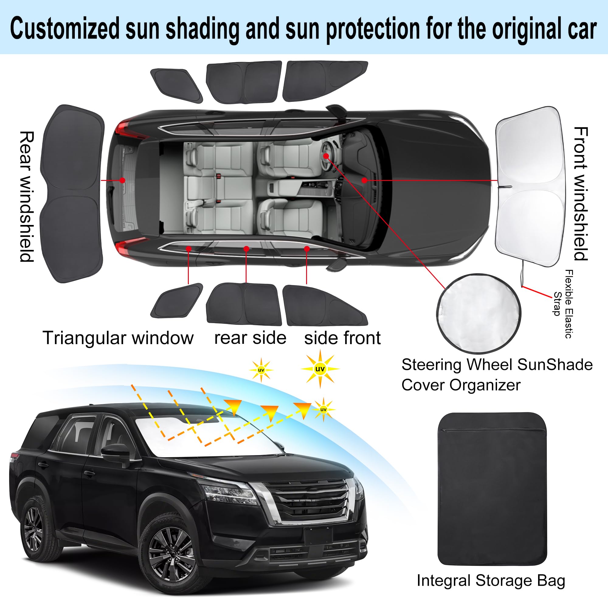TINGLU Window Shades for Nissan Pathfinder 2022-2025, Black, UV Protection, 8PCS Set for Camping and Napping