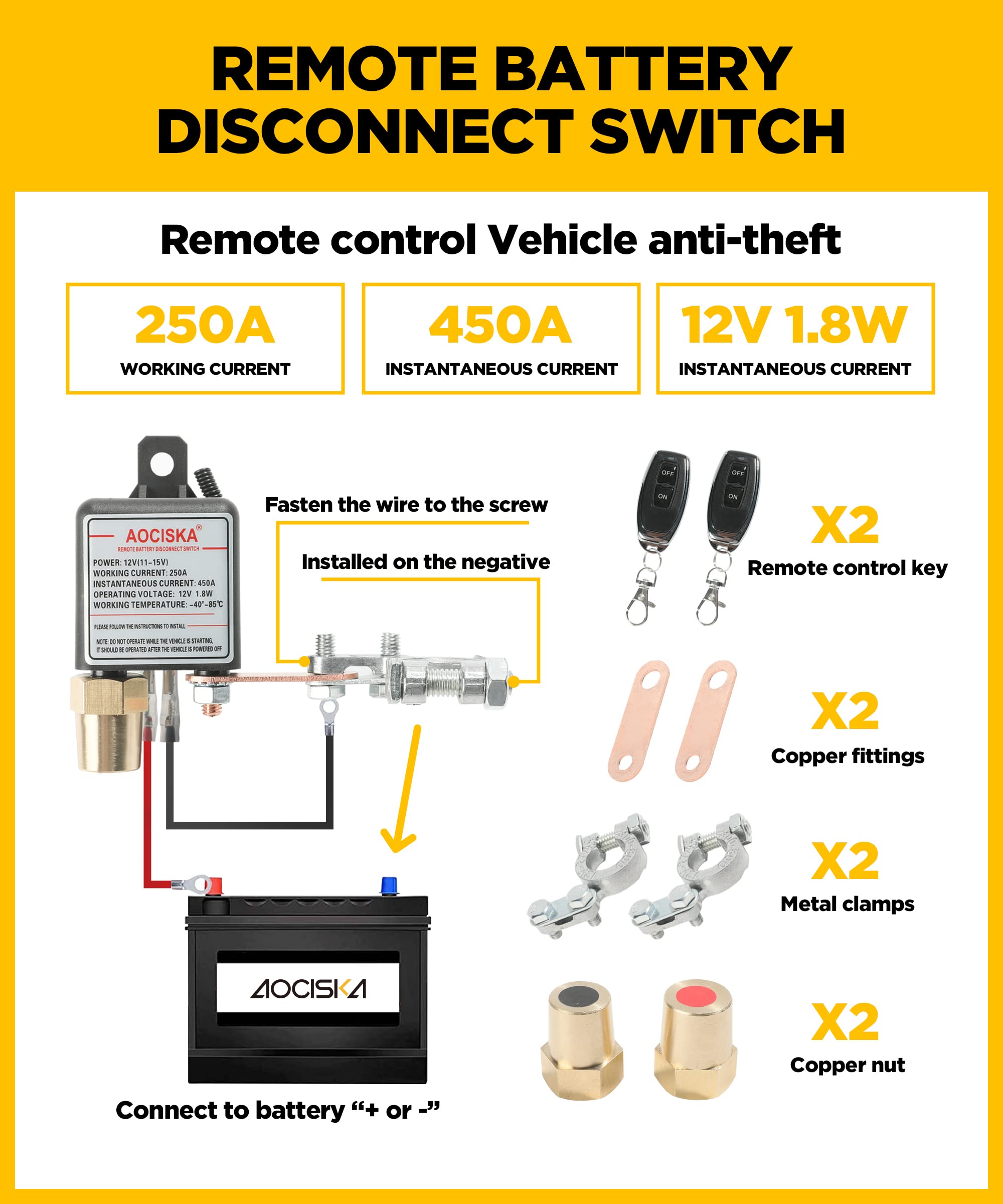 AOCISKA Remote Negative Battery Kill Switch Kit,Car Kill Switch Anti Theft DC 12V 250A Remote Control,Prevent Battery Drain,Batt