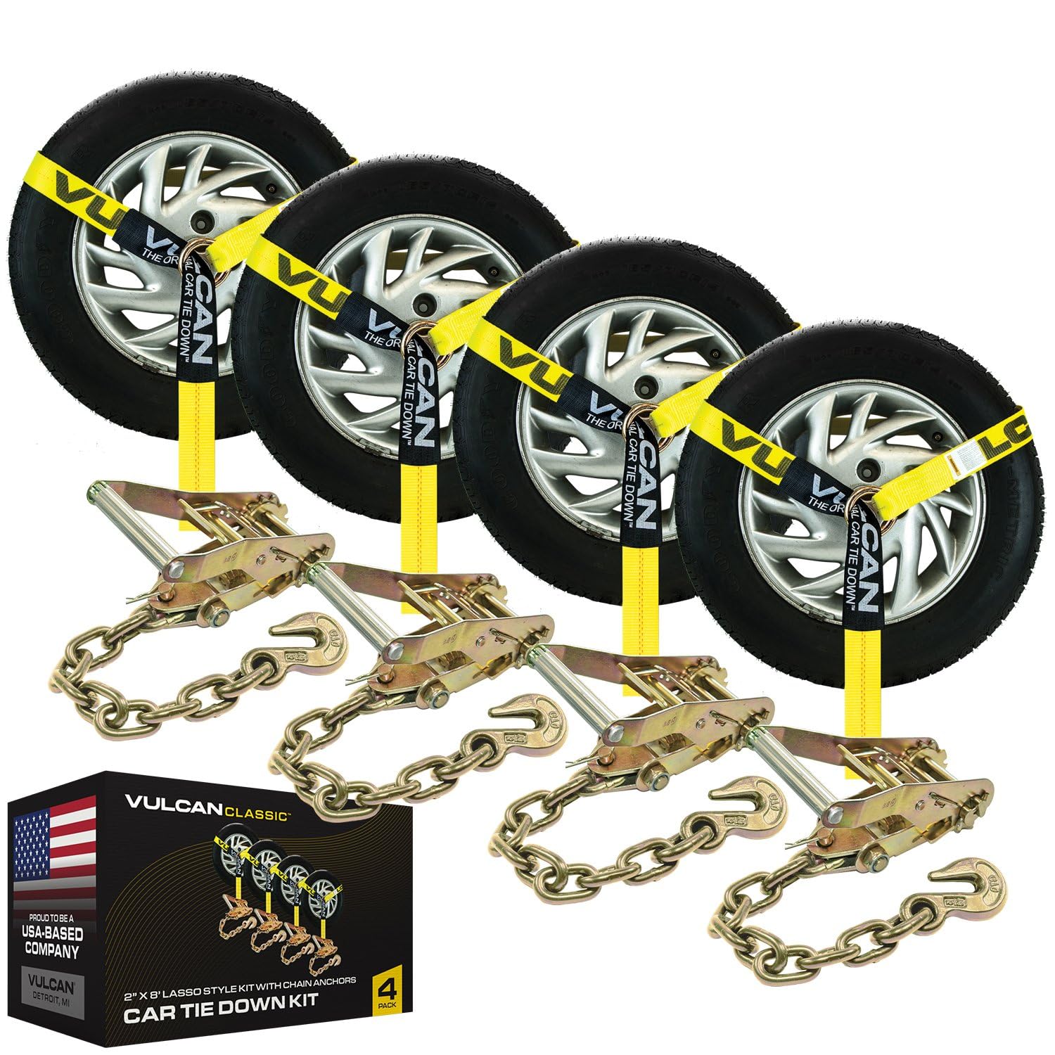 VULCAN Car Tie Down with Chain Anchors - Lasso Style - 2 Inch x 96 Inch - 4 Pack - Classic Yellow - 3,300 Pound Safe Working Loa