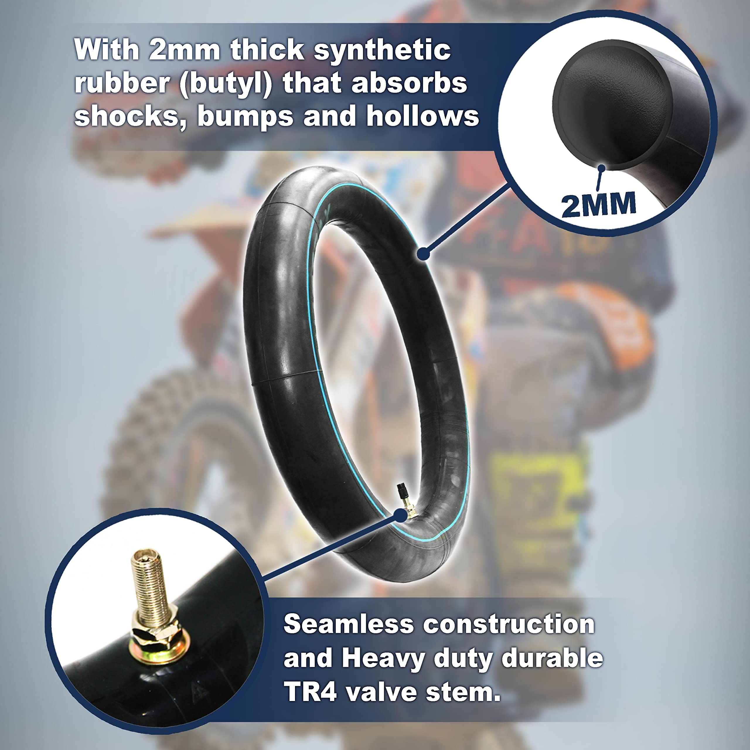 Pivotrax 2.25/2.50-16 (70/90-16) 16'' Heavy Duty Mini Dirt Bike Inner Tube - 2 Mm Reinforced Thickness - Tr4 Valve Stem Straight