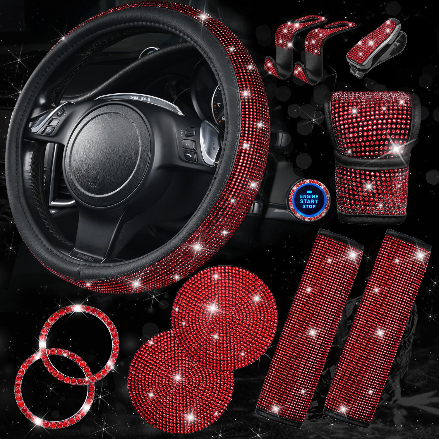 Car Pass 7 Pcs Bling Red Steering Wheel Cover Set For Women, Sparkly Rhinestone Diamond Bling Seat Belt Cushion, Glitter Shift K