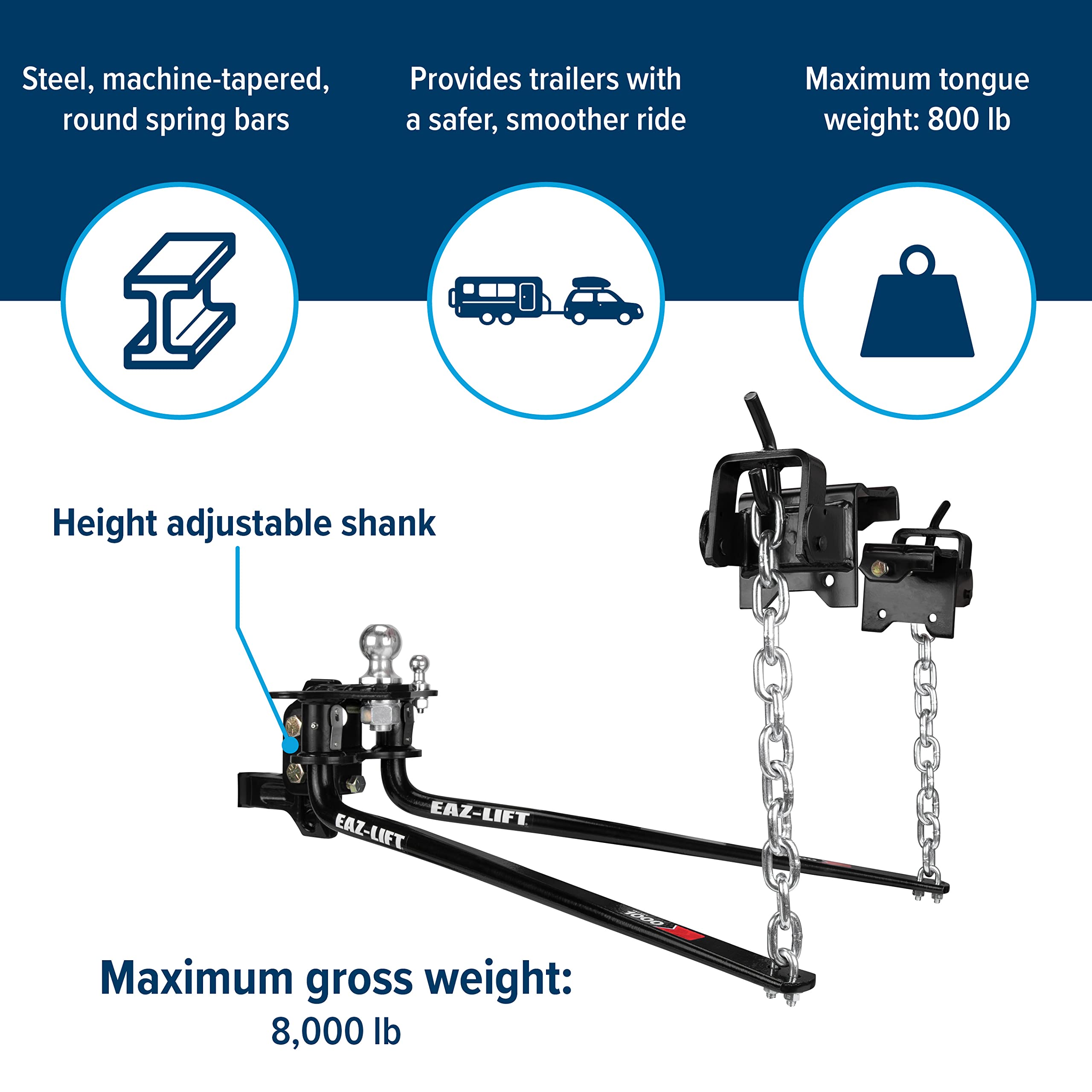 Eaz-Lift Elite 1,000lb Weight Distribution Hitch - Height Adjustable Forged Shank, Model 48053, Alloy Steel