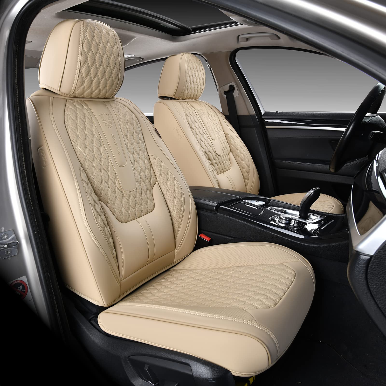 Coverado Front Seat Covers, Car Seat Covers Front Seats, Nappa Leather Seat Covers for Cars, Waterproof Seat Covers with Lumbar 