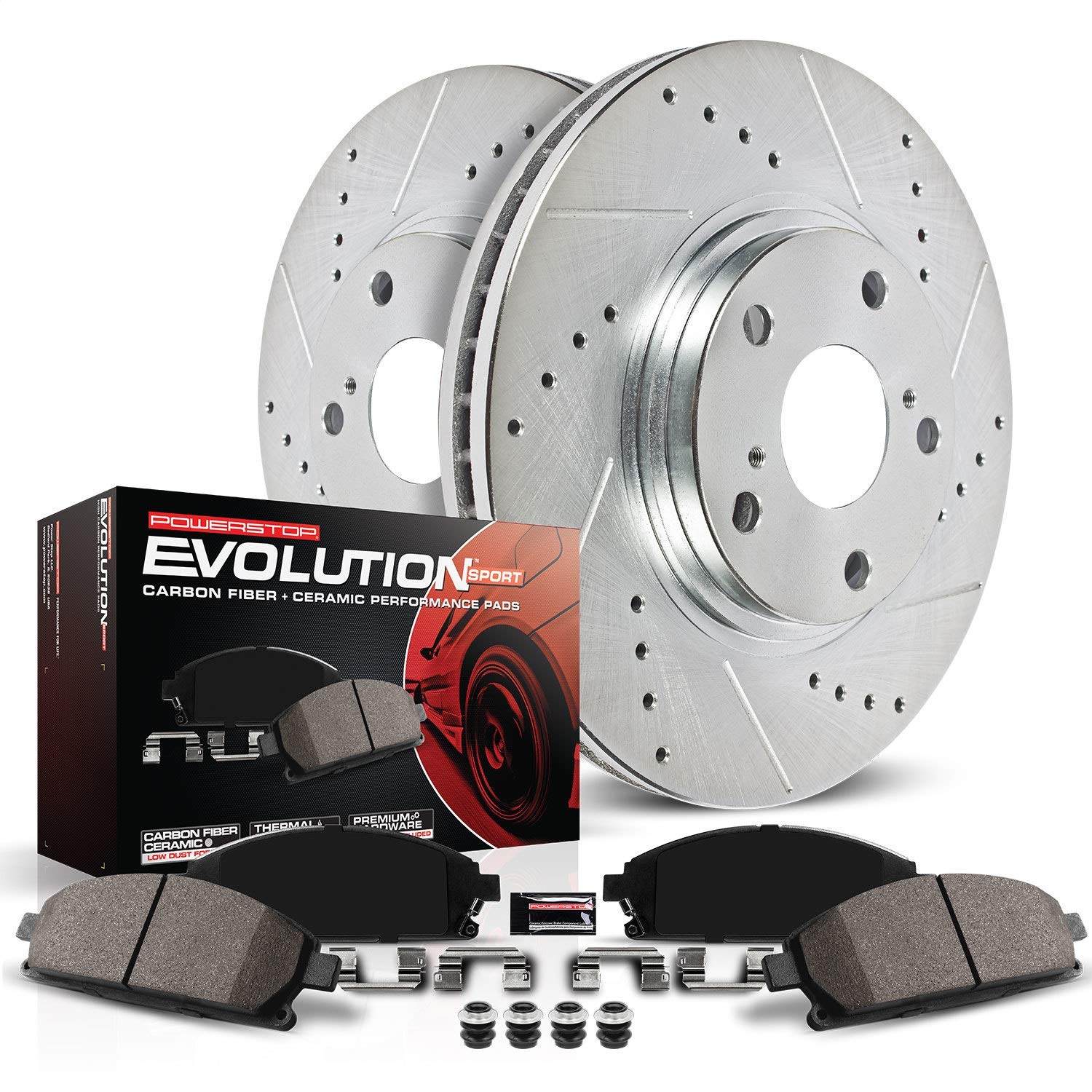 Power Stop K2140 Front Z23 Carbon Fiber Brake Pads With Drilled & Slotted Brake Rotors Kit
