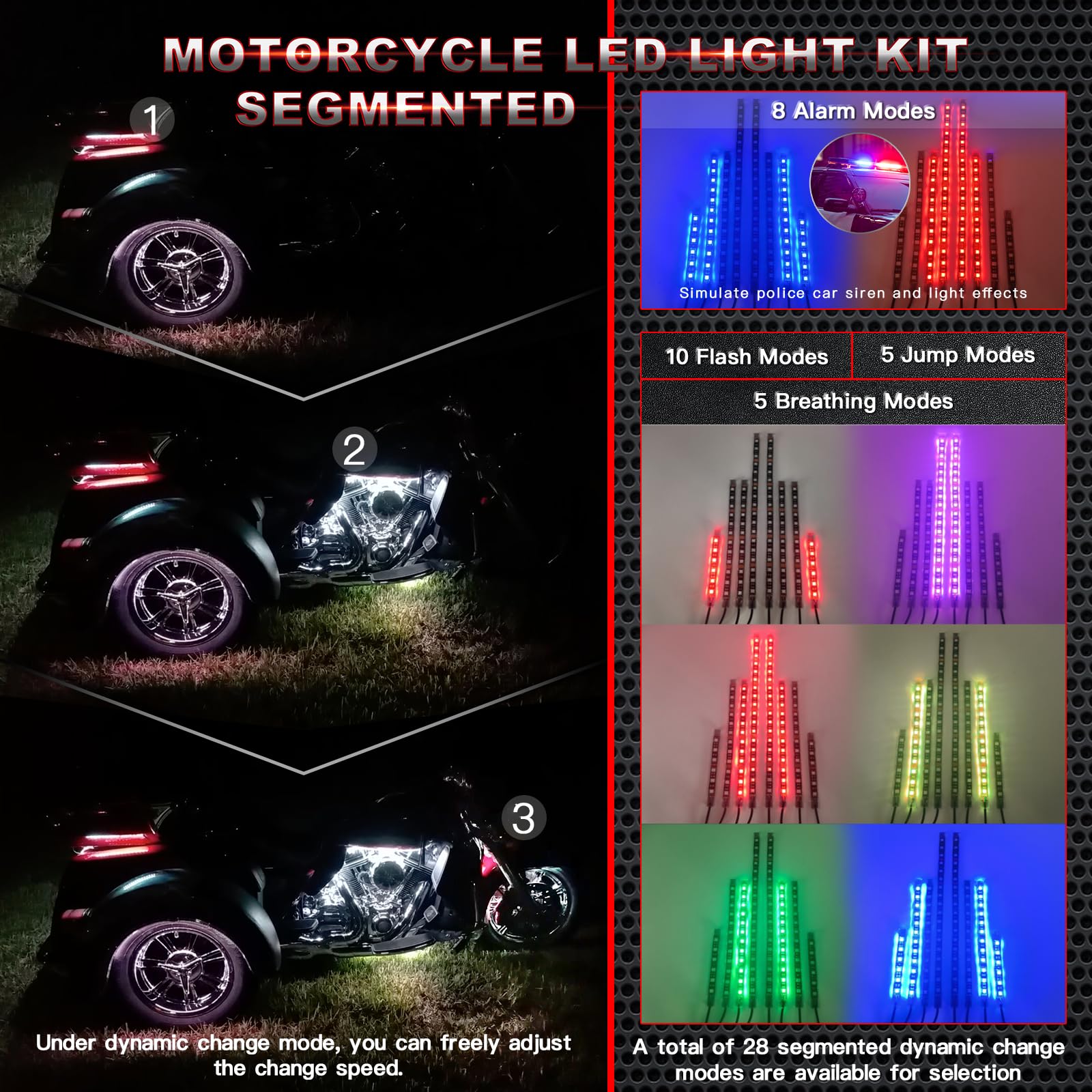 LD DARKEAGLE 8PCS Motorcycle LED Lights Kit, RGB Multicolor, Waterproof, APP/RF Remote, Model LD-4X-strip-8