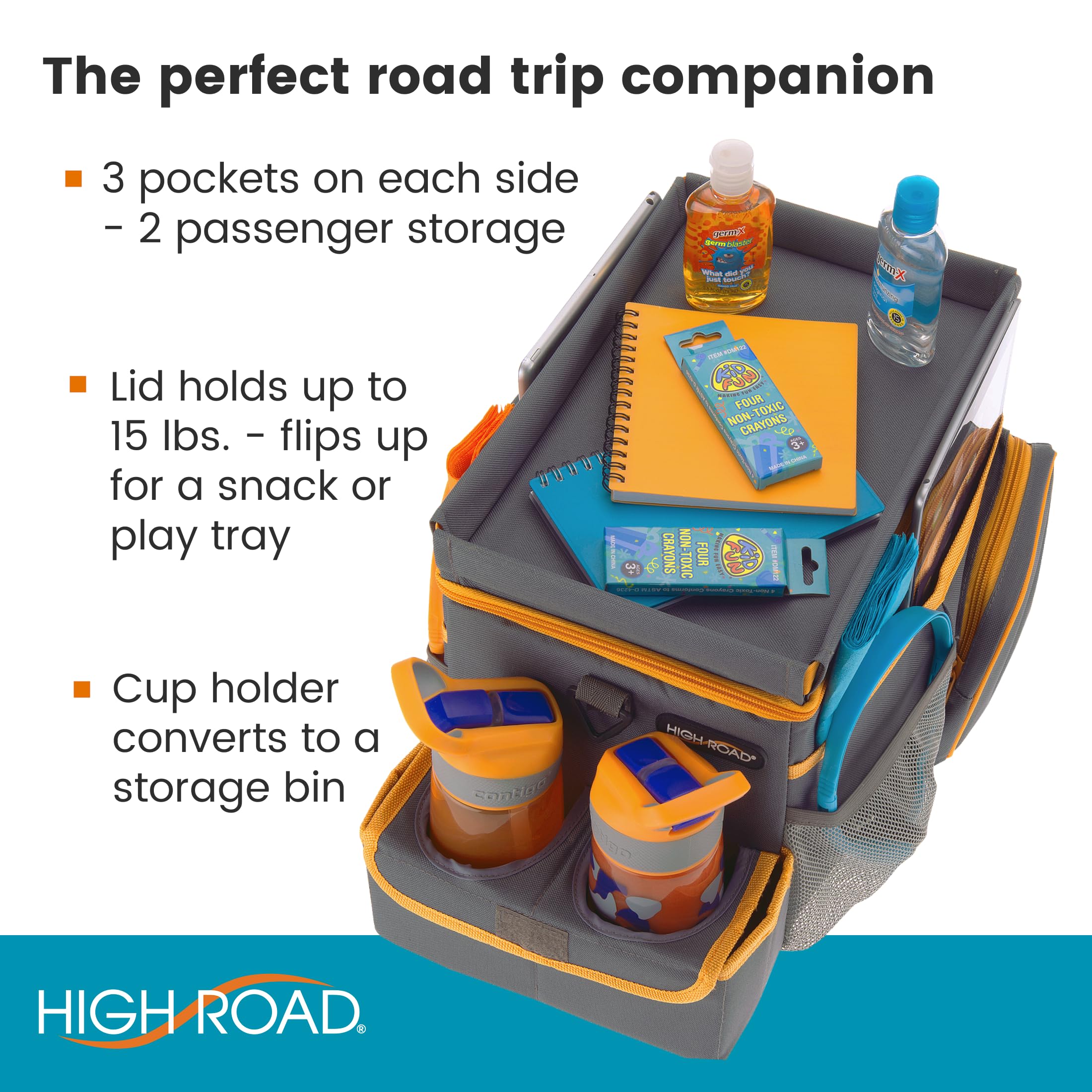 High Road CarHop Car Seat Organizer - Gray, Medium, 600D Oxford Polyester, Cup Holder, Side Pockets, Cooler Compartment, Model HR-6224-GRY