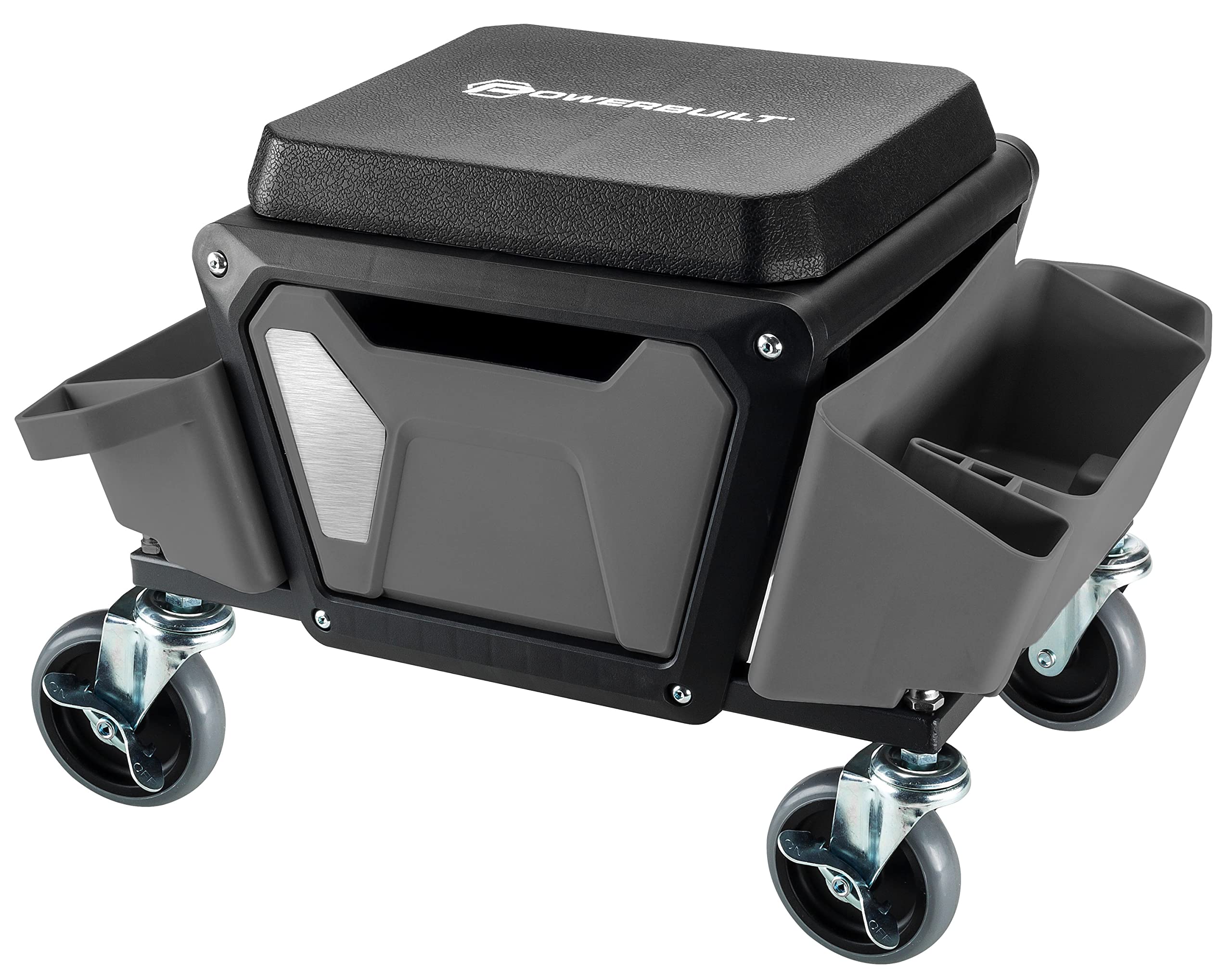 Powerbuilt Rolling Work Seat Brake Stool with 4-inch Rubber Lockable Wheels, Big Seating Platform, Tool Trays and Drawer 330 lb.