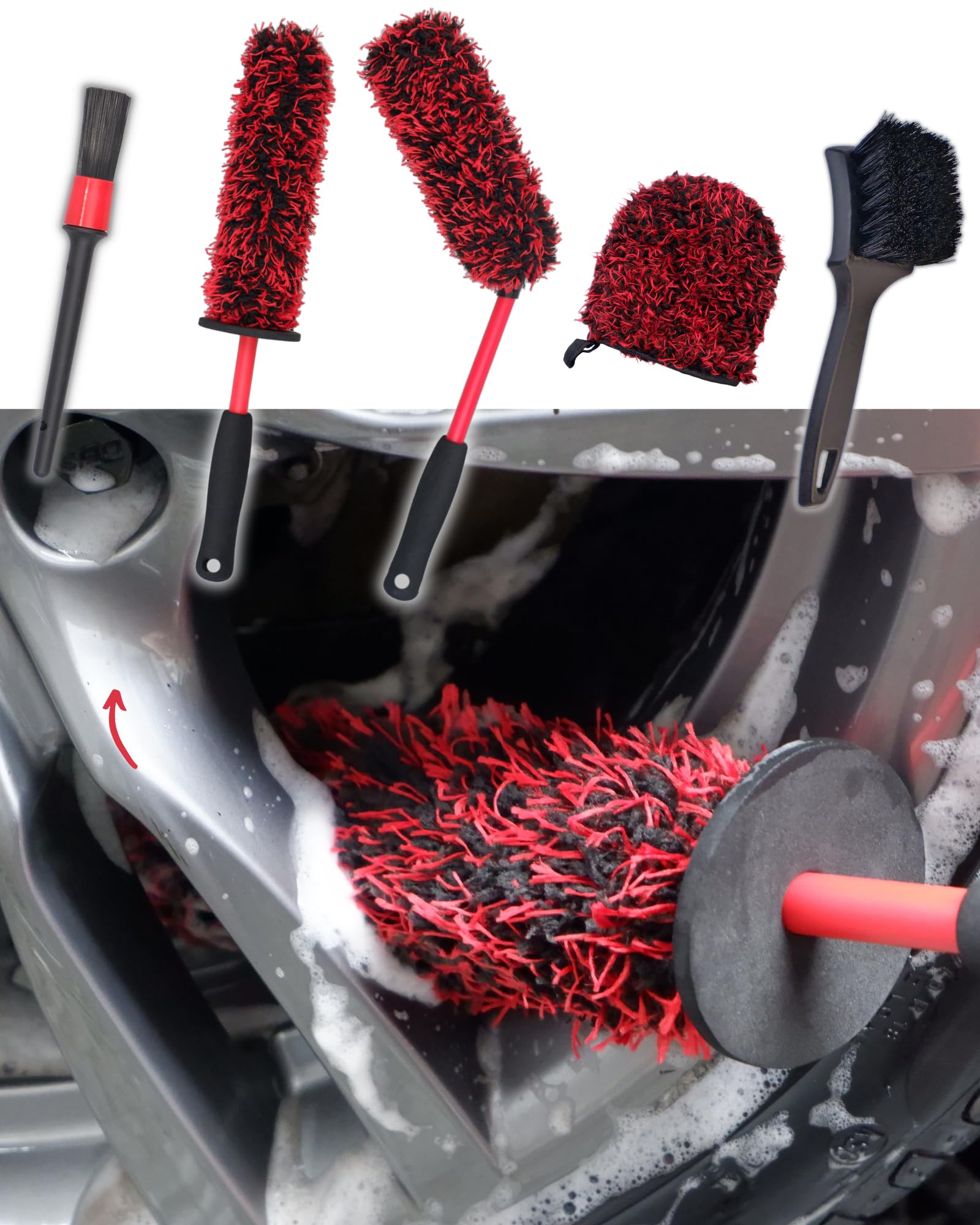 Oesee Metal Free Microfiber Wheel Brush Kit- Microfiber Angled Wheel Brush, Long Handle Wheel Brush, Tire& Detailing Brush, Whee
