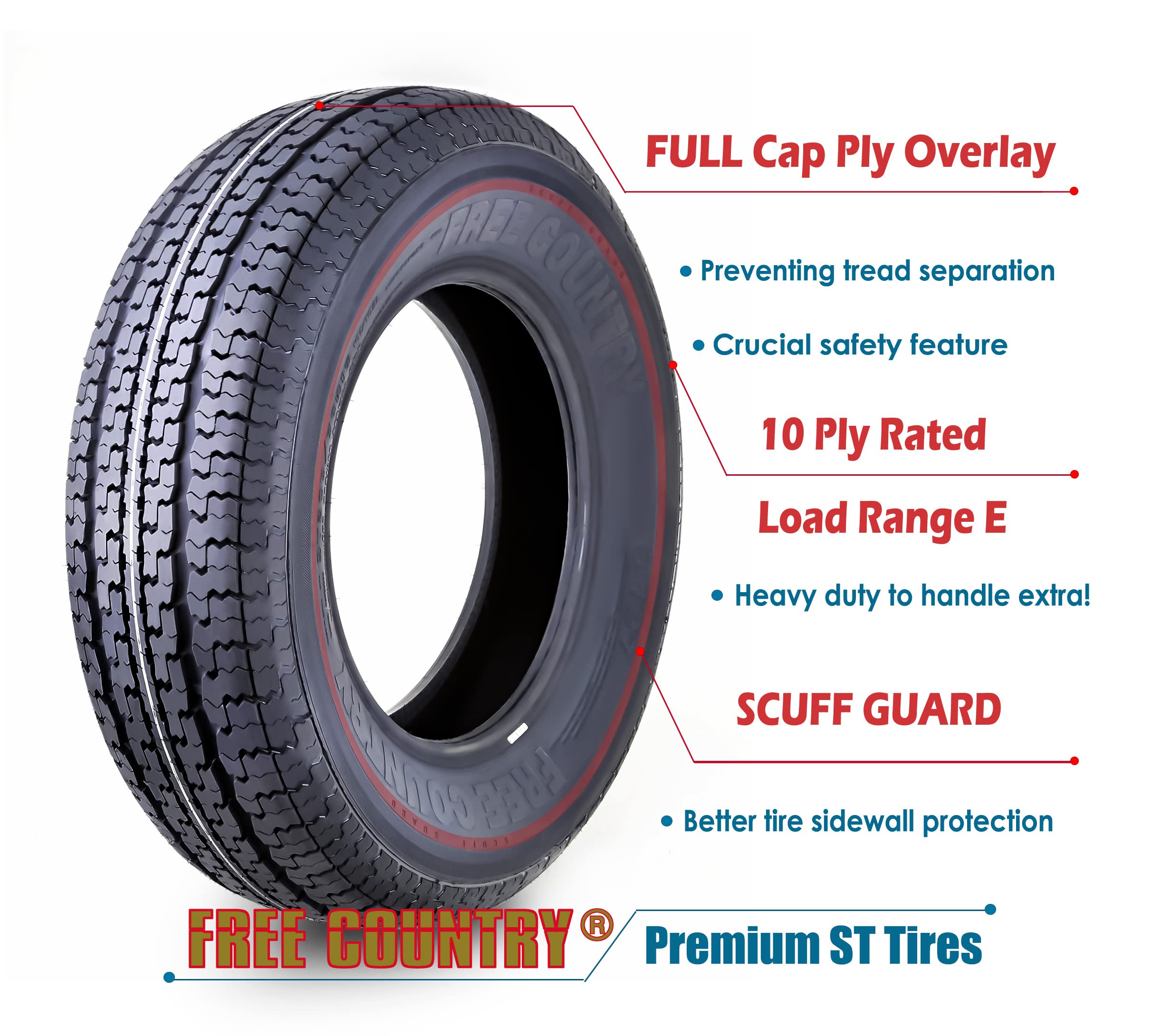 3 FREE COUNTRY Heavy Duty Trailer Tires ST205/75R15 205 75 15 10-Ply Load Range E Steel Belted Radial w/Scuff Guard