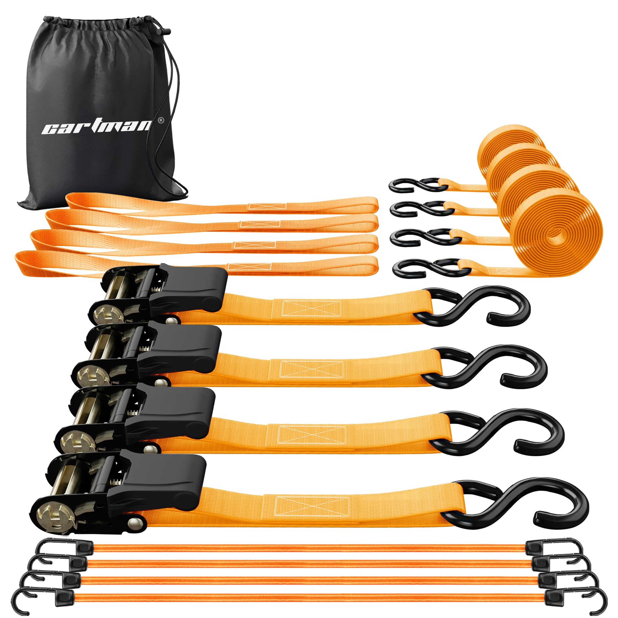 Cartman 1'' X 15' Ratchet Tie Down Up To 1500Lbs 4Pk In Carry Bag, With 18'' Soft Loop Tie-Down Straps & 32'' Bungee Cord