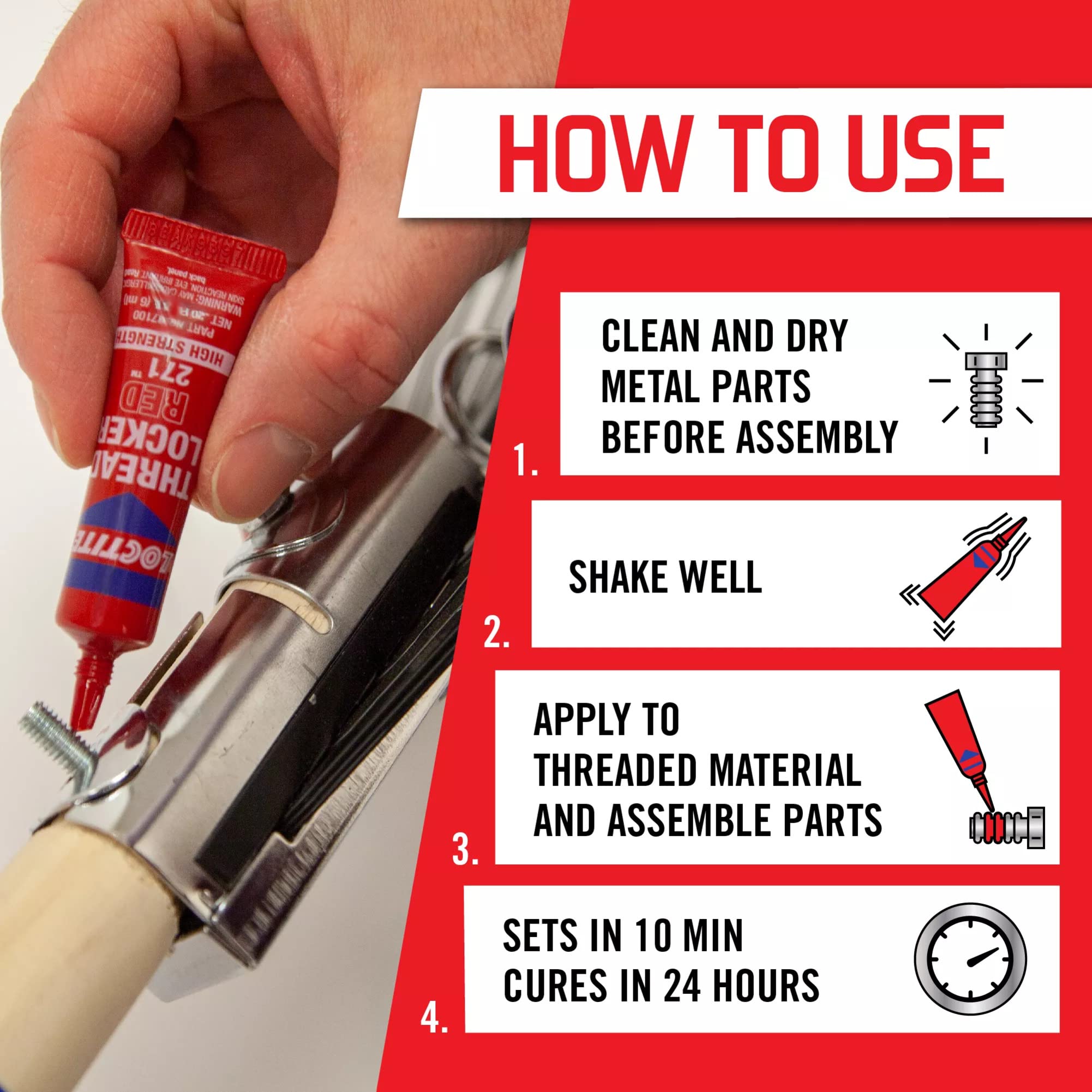 Loctite Threadlocker Red 271 - Permanent Thread Lock Glue For Nuts, Bolts, & Fasteners, High Strength Screw Glue To Prevent Loos