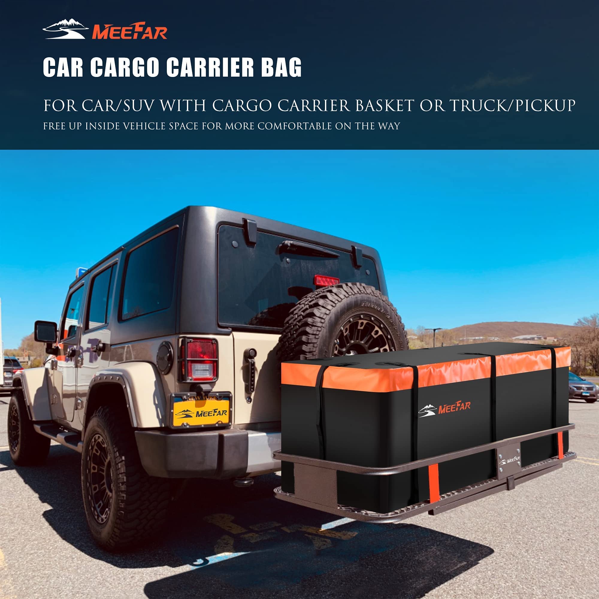 Meefar Folding Hitch Mount Cargo Carrier Basket 60'' X 20'' X 6''+Waterproof Cargo Bag 16 Cubic Feet(58'' 19'' 24''),Hauling Wei