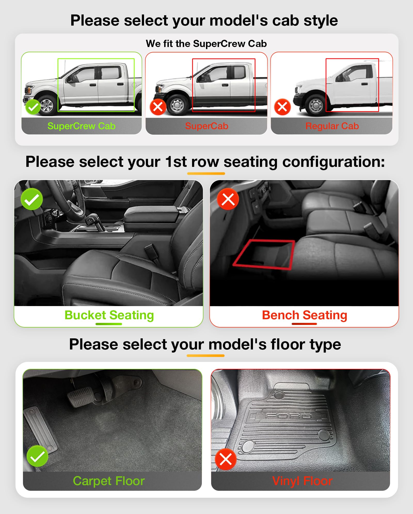 3W Floor Mats & Front Carpet Fit For Ford F150/F-150 Lighting Supercrew Cab 2015-2024, Tpe All Weather Accessories Custom Fit Fu