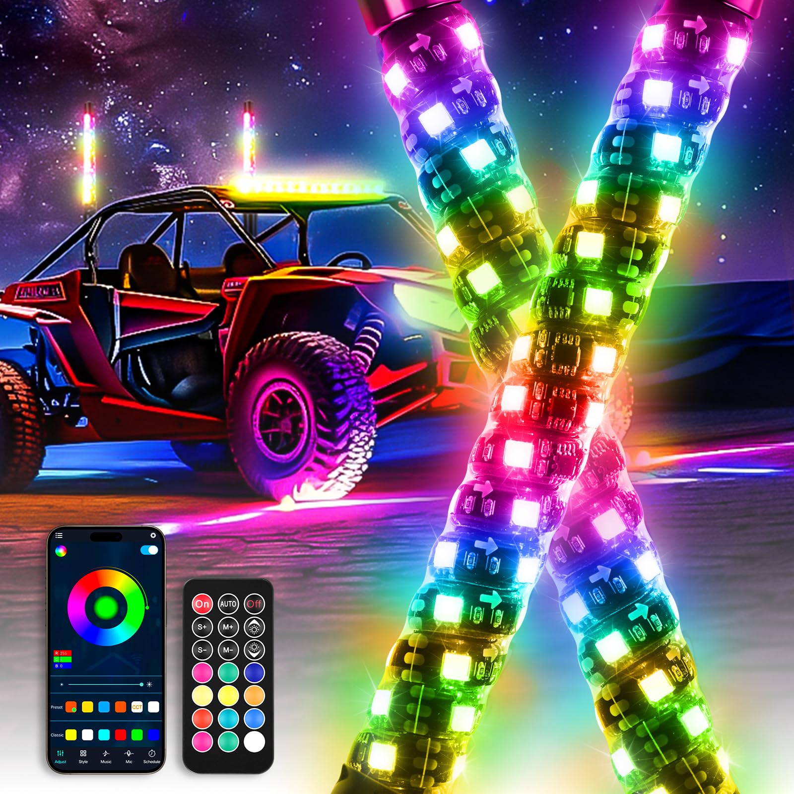DREAMOTOR Whip Lights, 2Pcs 1FT Spiral RGB LED Whip Lights for Side by Side with Wireless Remote and APP Control, RGB Chasing Li