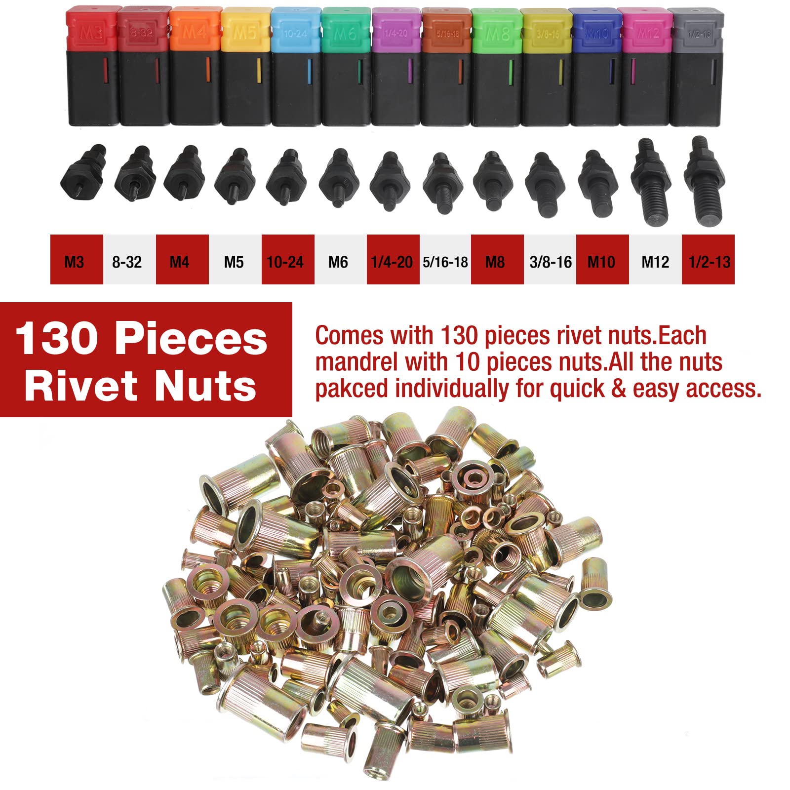 AIUITIO 16'' Rivet Nut Tool Kit - Auto Release, 13 Mandrels, 130Pcs Rivnuts, Sturdy Plastic Case