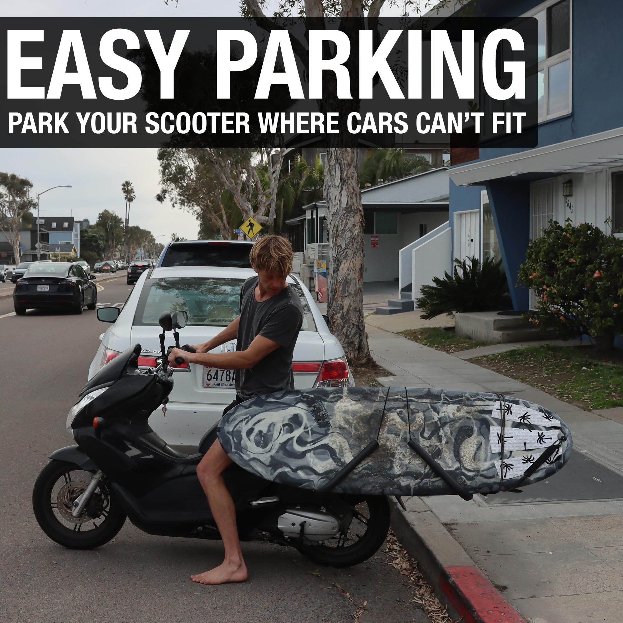 Ho Stevie! Scooter/Moped/eBike Surfboard Rack - Easy Install, Fits Boards up to 8ft, Black, Aluminum, Model: scooterrack