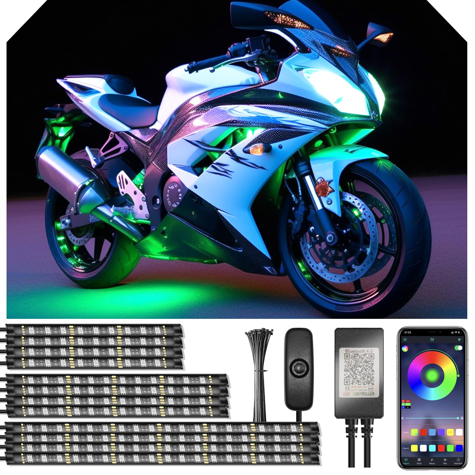 12pcs Motorcycle Underglow LED Strip Light Kit Waterproof RGB Neon Accent Lights Ground Effect Atmosphere Light DC 12V with APP 