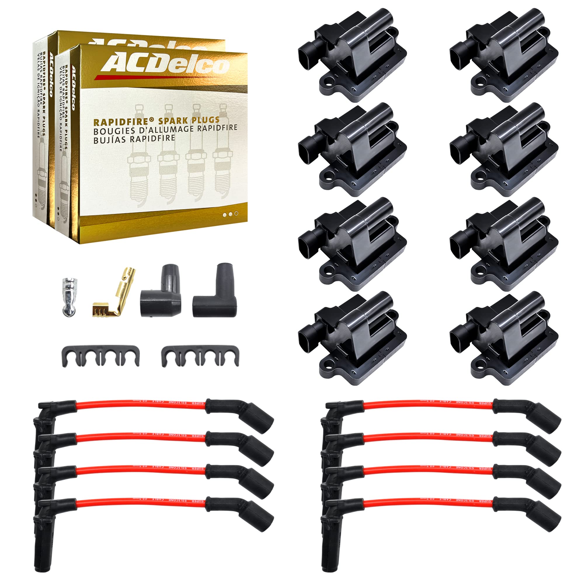 MAS Set of 8 Square Ignition Coil Pack UF271 &OEM ACDelco 6 Platinum Spark Plugs& 8.5mm Wires Compatible with Chevy Silverado Su