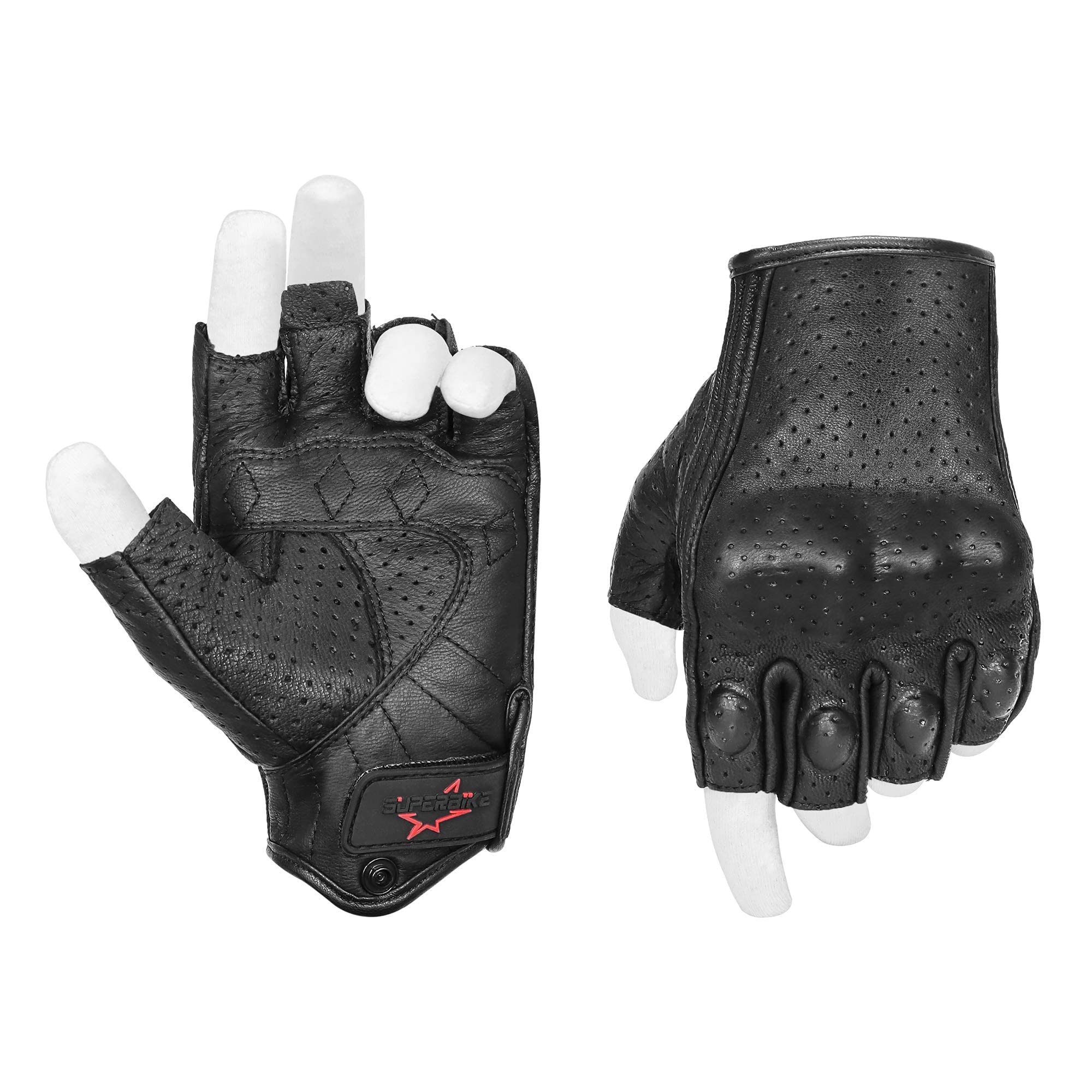 Superbike Half Finger Motorcycle Gloves Goatskin Leather Knuckle Armored Motocross Gloves Perforated(G11-Black,M)