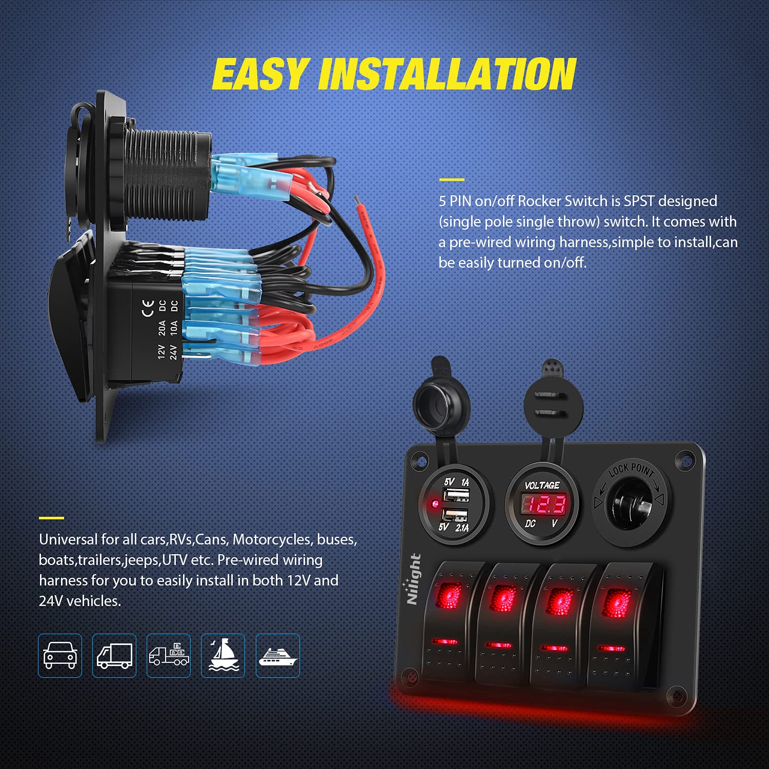 Nilight 4Gang Rocker Switch Panel with USB Charger Voltmeter and Cigar Lighter 12V 24V Toggle ON Off Red Night Glow Stickers for