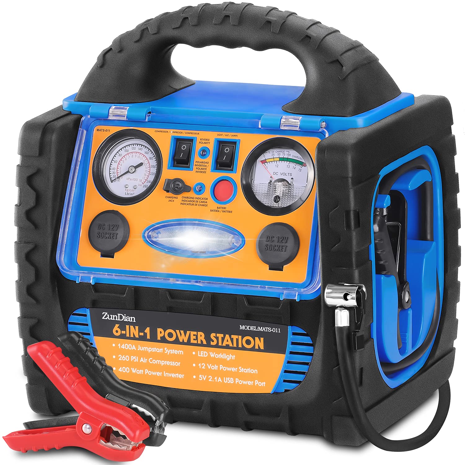 Zundian 1600 Amp Battery Jump Starter With Air Compressor Car Tire Inflator, Portable Power Station 110V 400W Power Inverter Usb Dc Ac Outlet, 12V Emergency Auto Battery Booster Box, Jumper Clamp