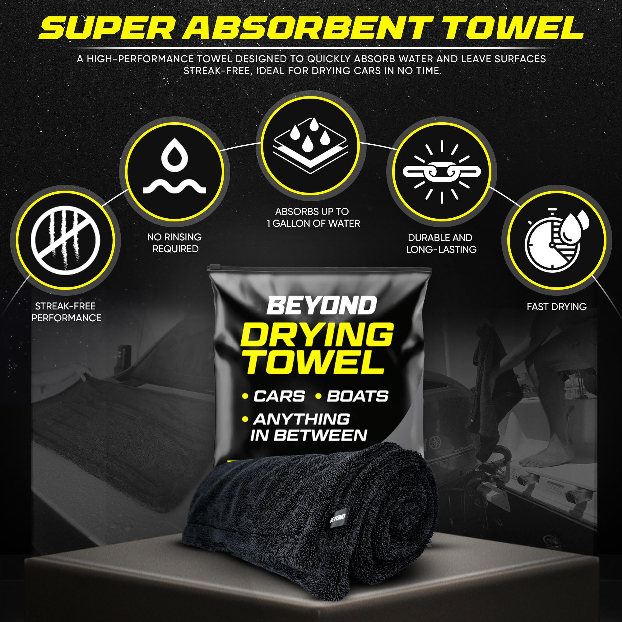 Beyond Braid Microfiber Towel - Super Absorbent 24"x36" Black Detailing Towel - Scratch & Streak Free, Twisted Loop Technology