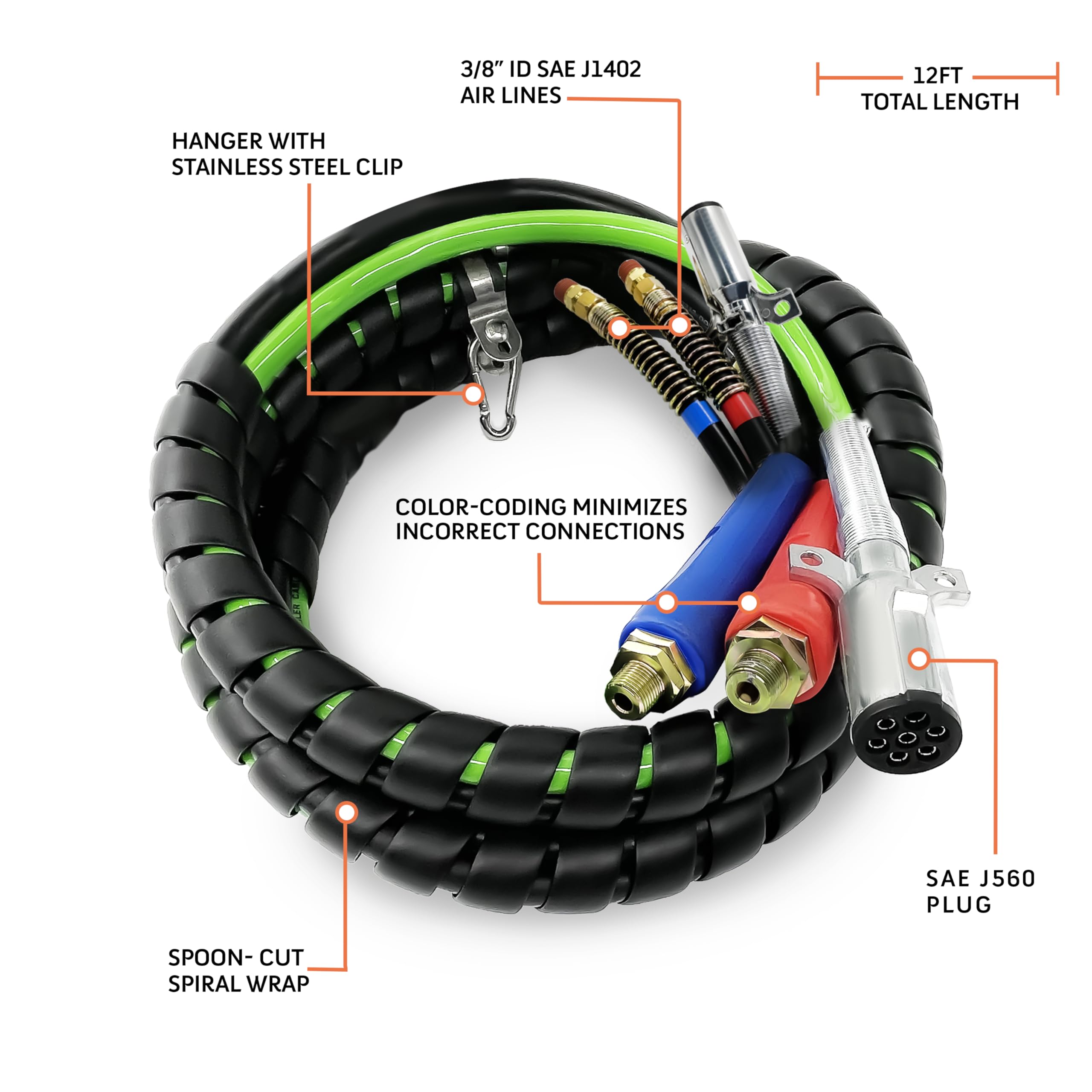 Torque 15Ft 3 In 1 Abs & Power Air Line Hose With Glad Hands And Gladhand Extension Handle Grips Airline Air Hose Airline 7 Way