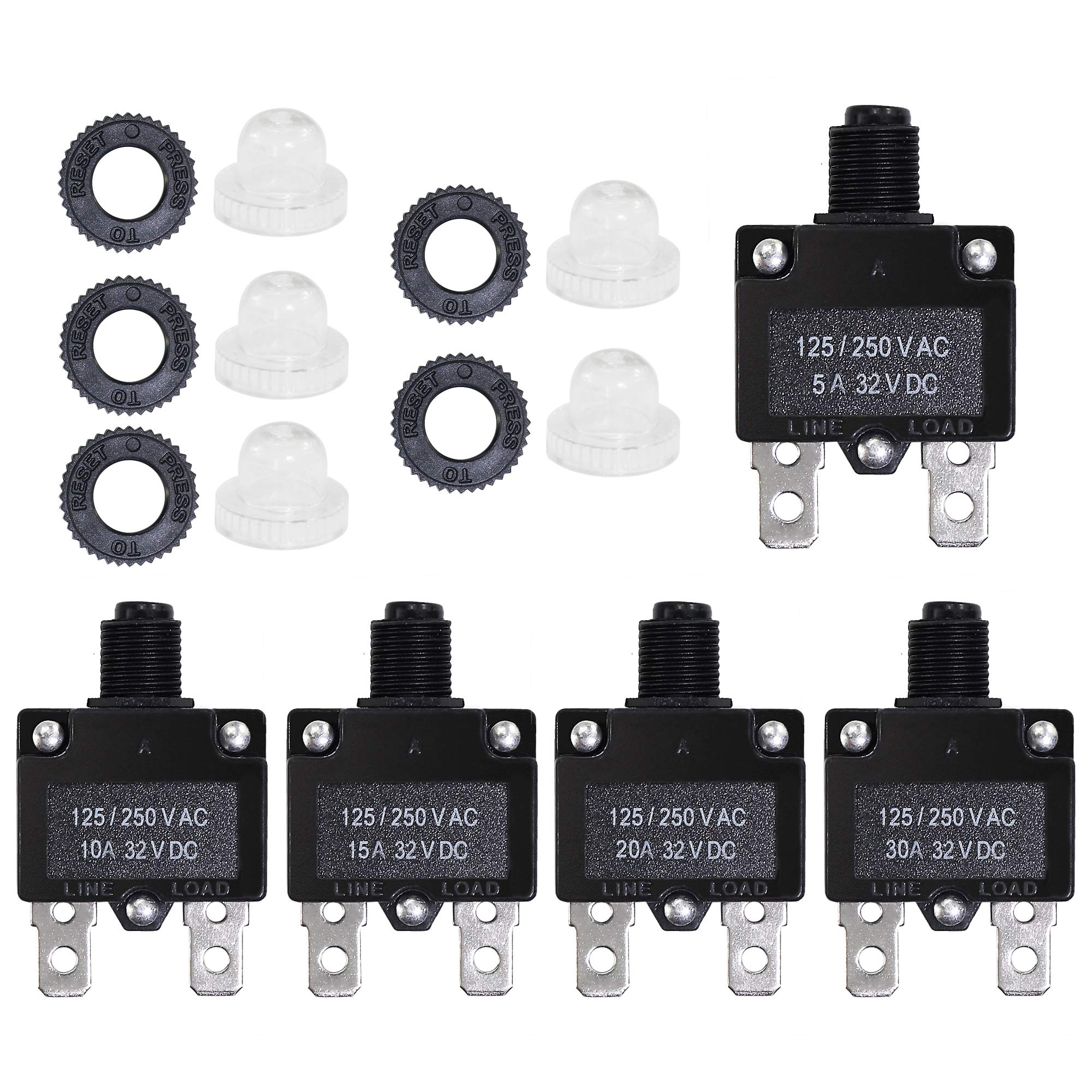 Fuzbaxy 5Pcs 5,10,15,20,30Amp Circuit Breakers With Manual Reset 32Vdc,Ac125-250V With Quick Connect Terminals