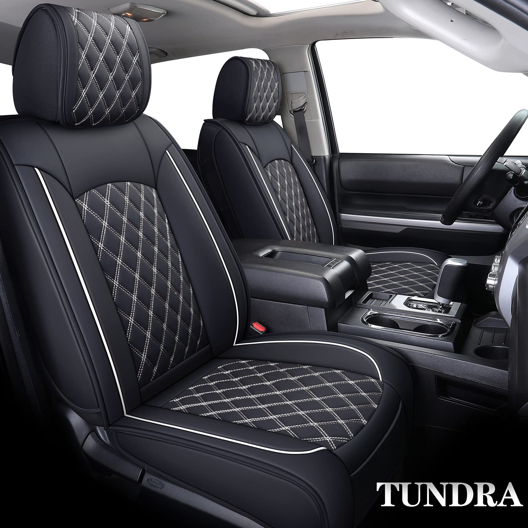 Yiertai Car Seat Covers Compatible With 2008-2025 Toyota Tundra Crewmax Double Cab Sr5 Limited Platinum Trd Pro Crew Cab Truck Waterproof Leather Seat Covers(5 Pcs Full Set/Black-White)