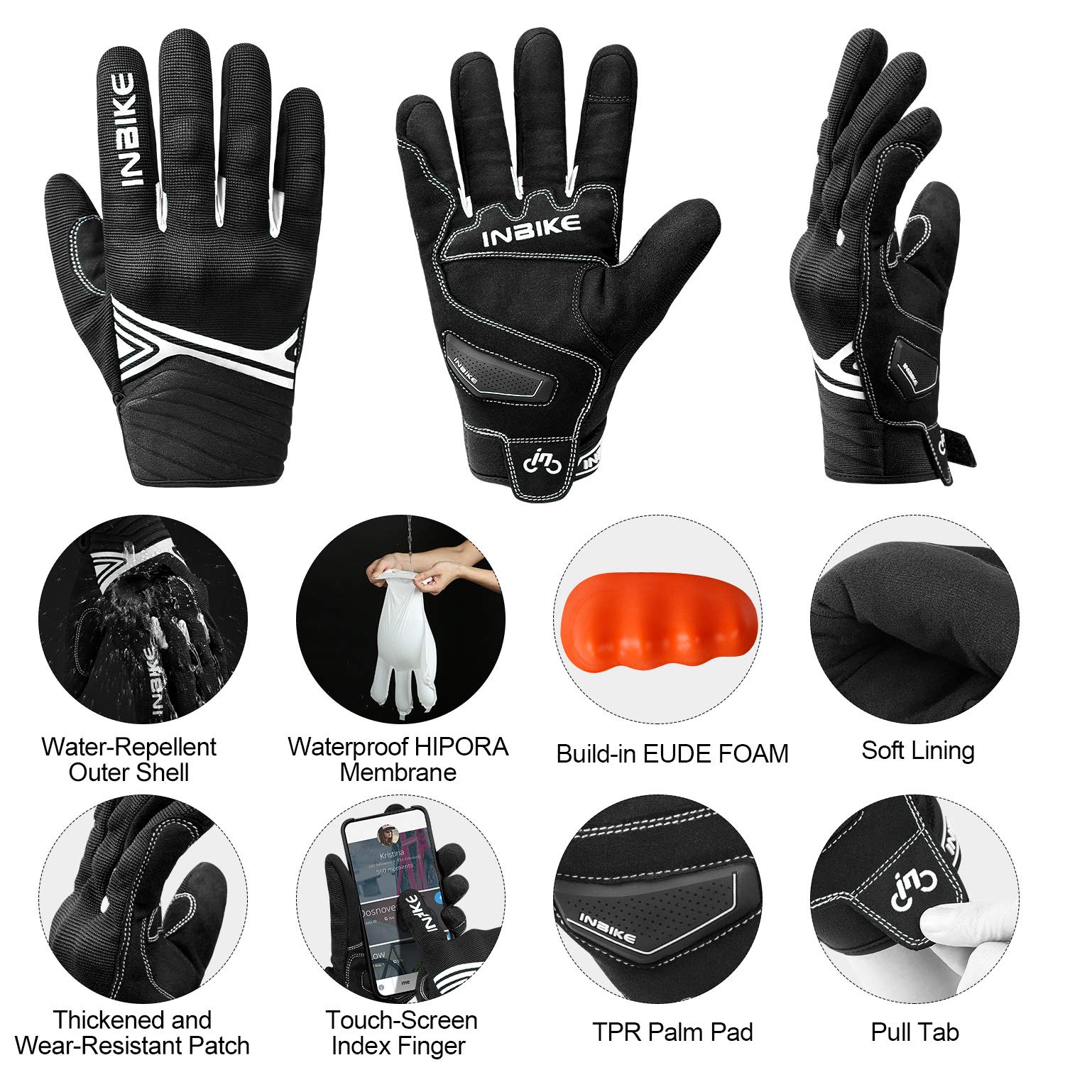 Inbike Waterproof Winter Motorcycle Gloves Thermal Fleece Touchscreen With Tpr Palm Pad Cushioning Hard Knuckle White Small