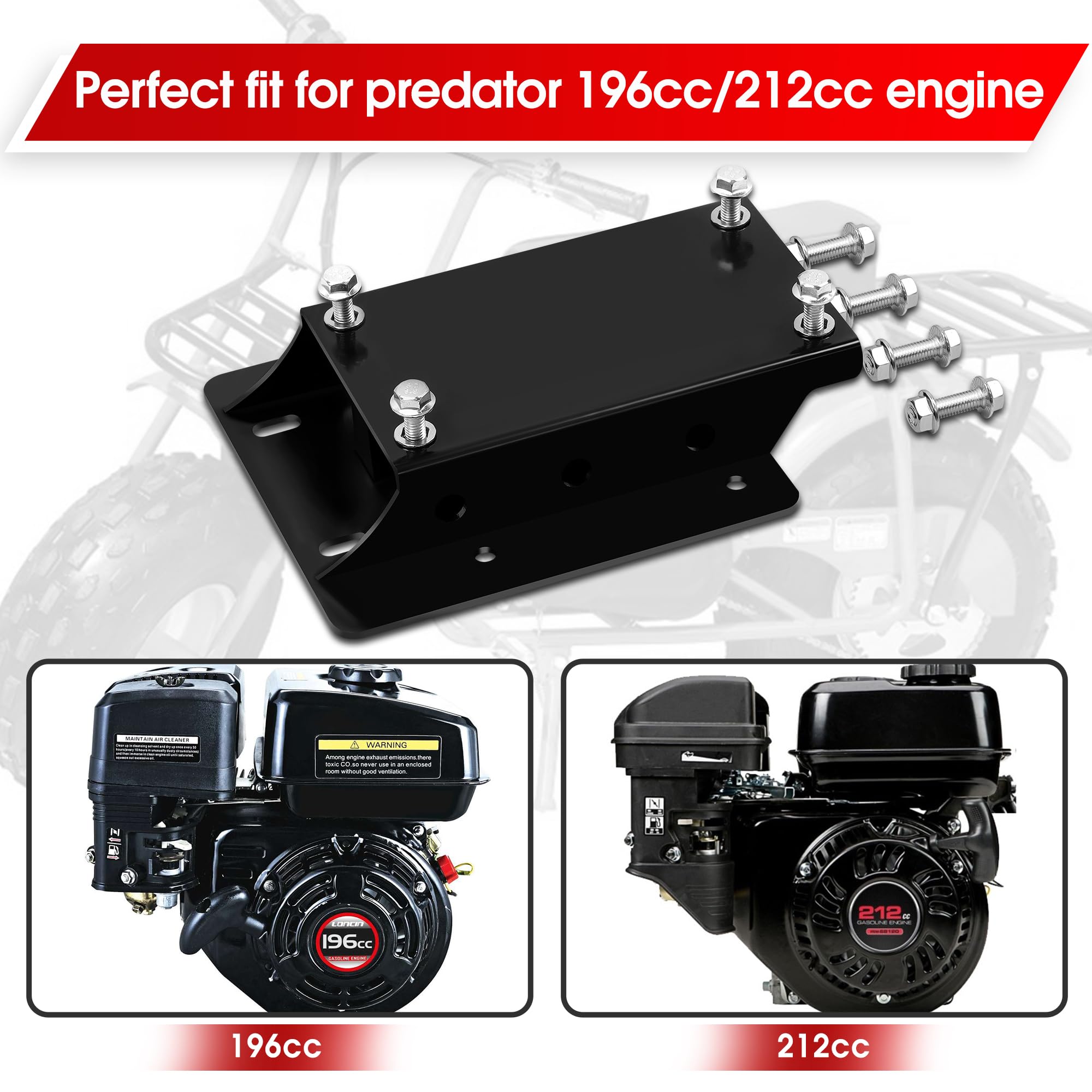 JY PERFORMANCE Torque Converter Motor Riser Plate Mount for Predator 196cc/212cc - Steel, 1.75" Lift, Black, Model DAC862