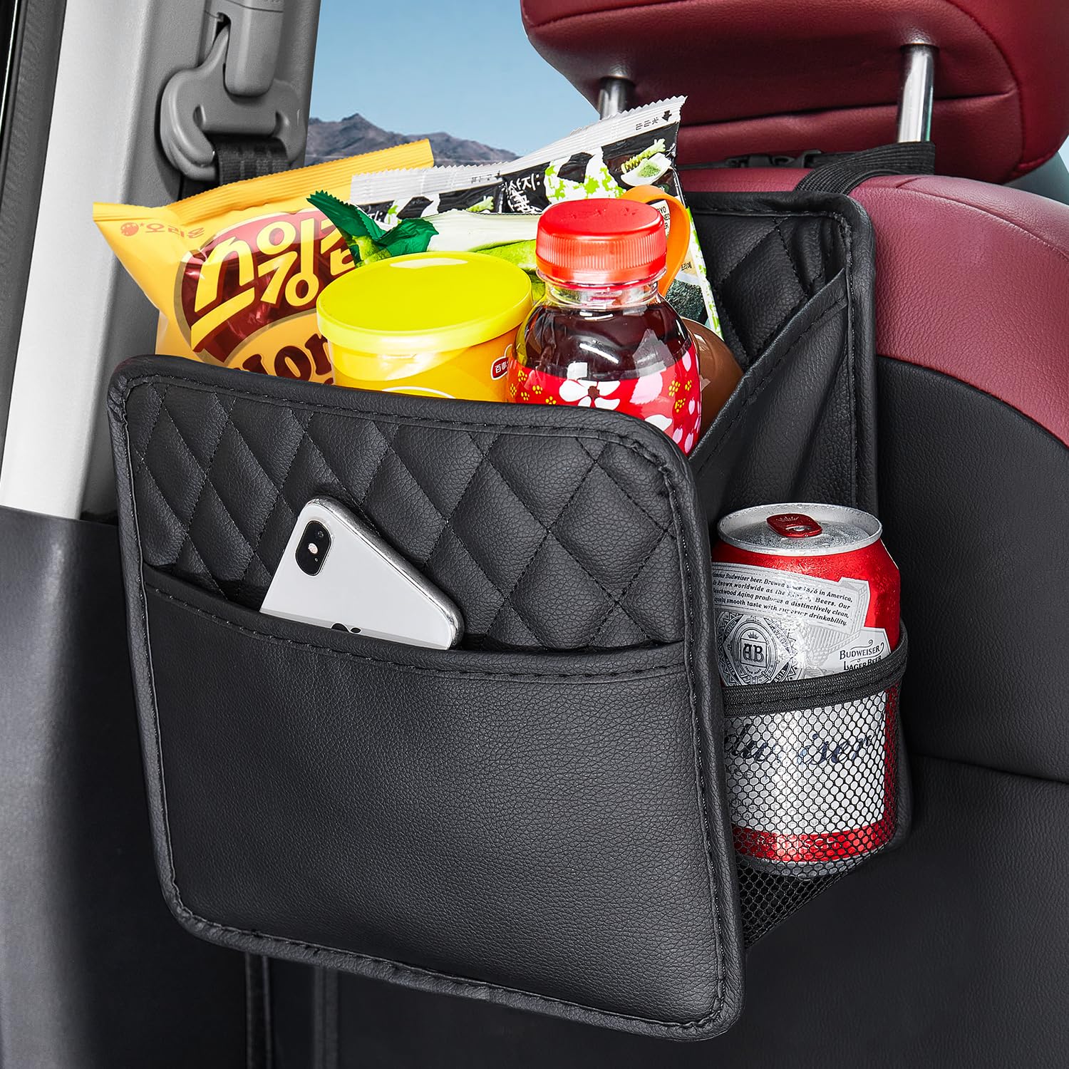 LXUNYI Car Organizer Back Seat - 2 Pack Waterproof Faux Leather, Large Foldable Storage Bag for Kids & Adults, Black