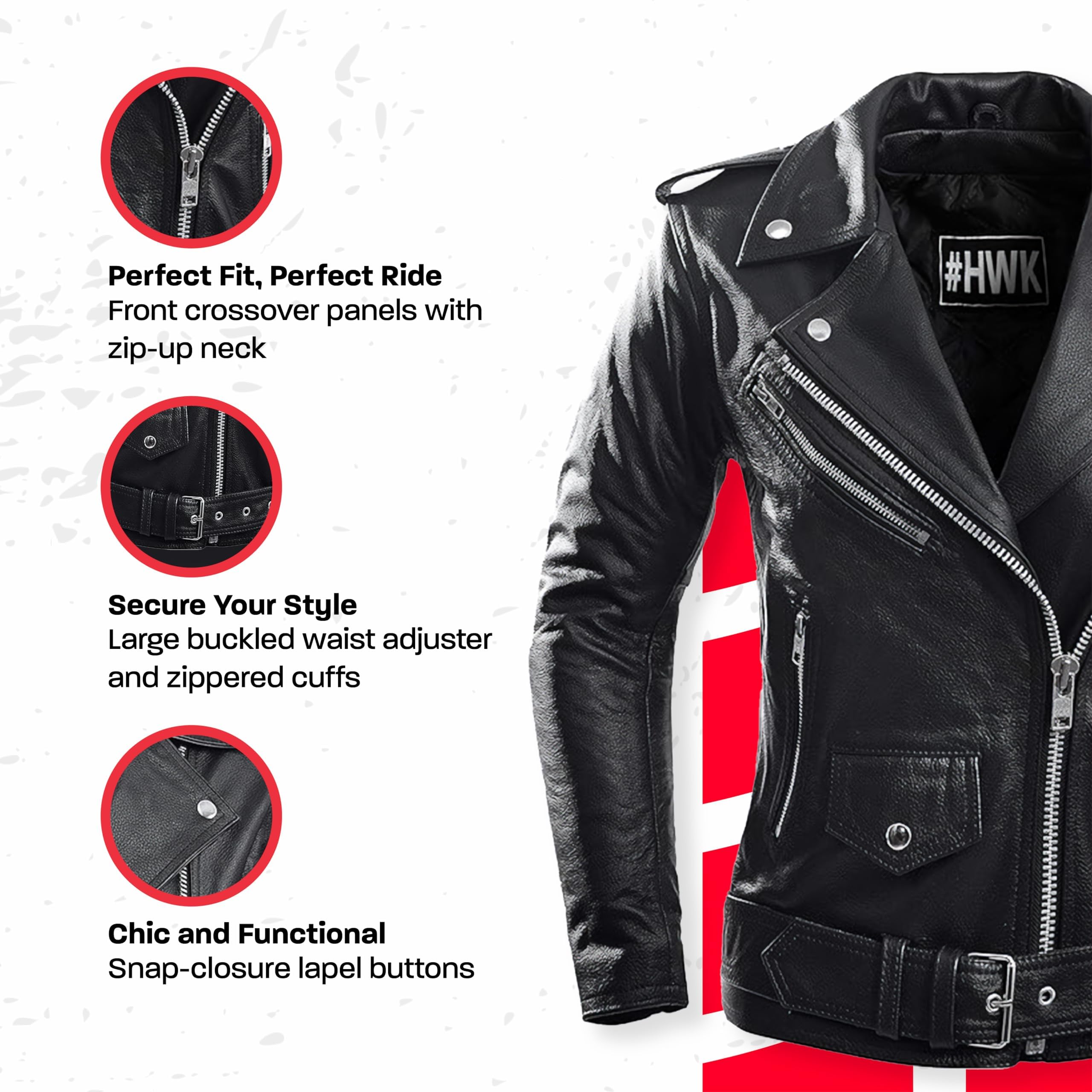 HWK Brando Women's Leather Motorcycle Jacket, Water Resistant, X-Large, Black