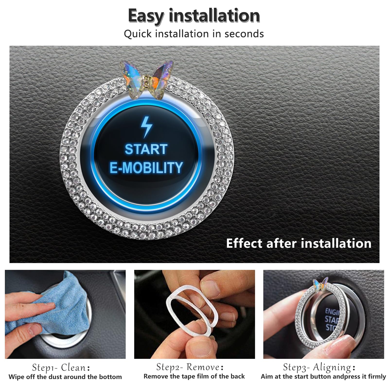3leavtrees Bling Ring Emblem Car Accessories - Rhinestone Crystal Ring for Car Buttons & Knobs, Push to Start Button, Key Igniti