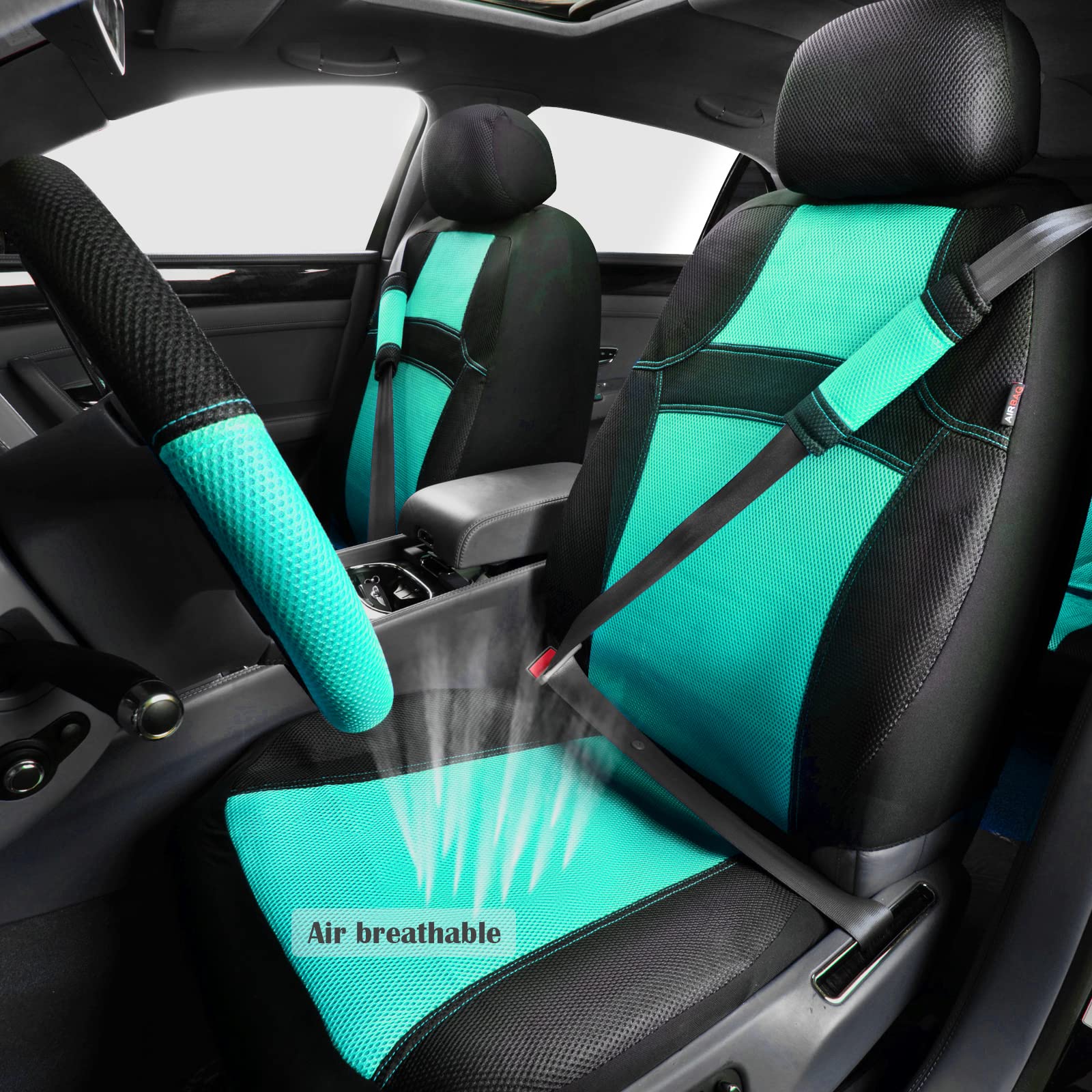 Car Pass Universal 13Pcs 3D Air Mesh-100% Breathable Seat Covers Full Sets#Steering Wheel&Belt Cover #Airbag And Rear Split Benc